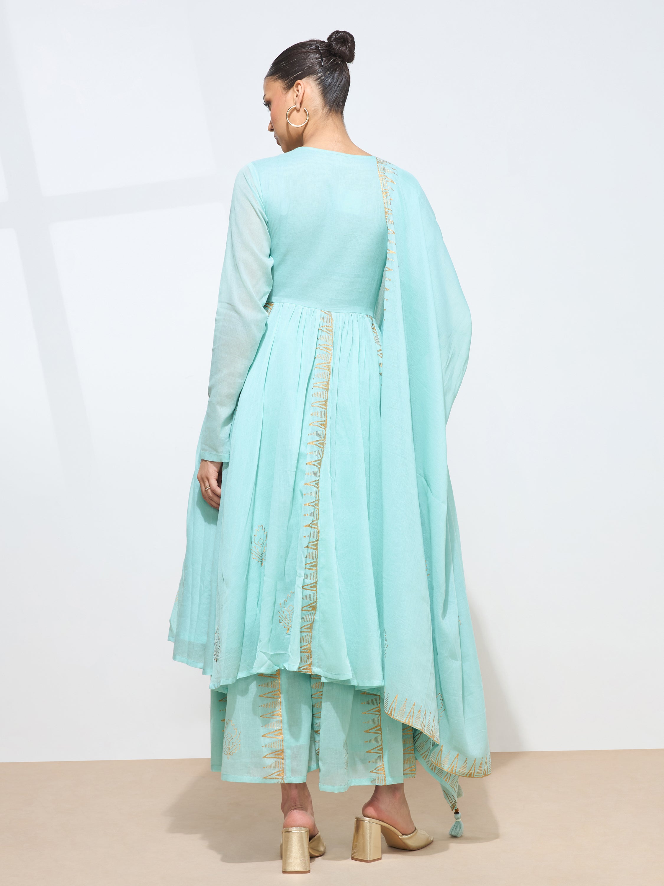 Graceful Green Blockprint Handwork Mul cotton Kurta set