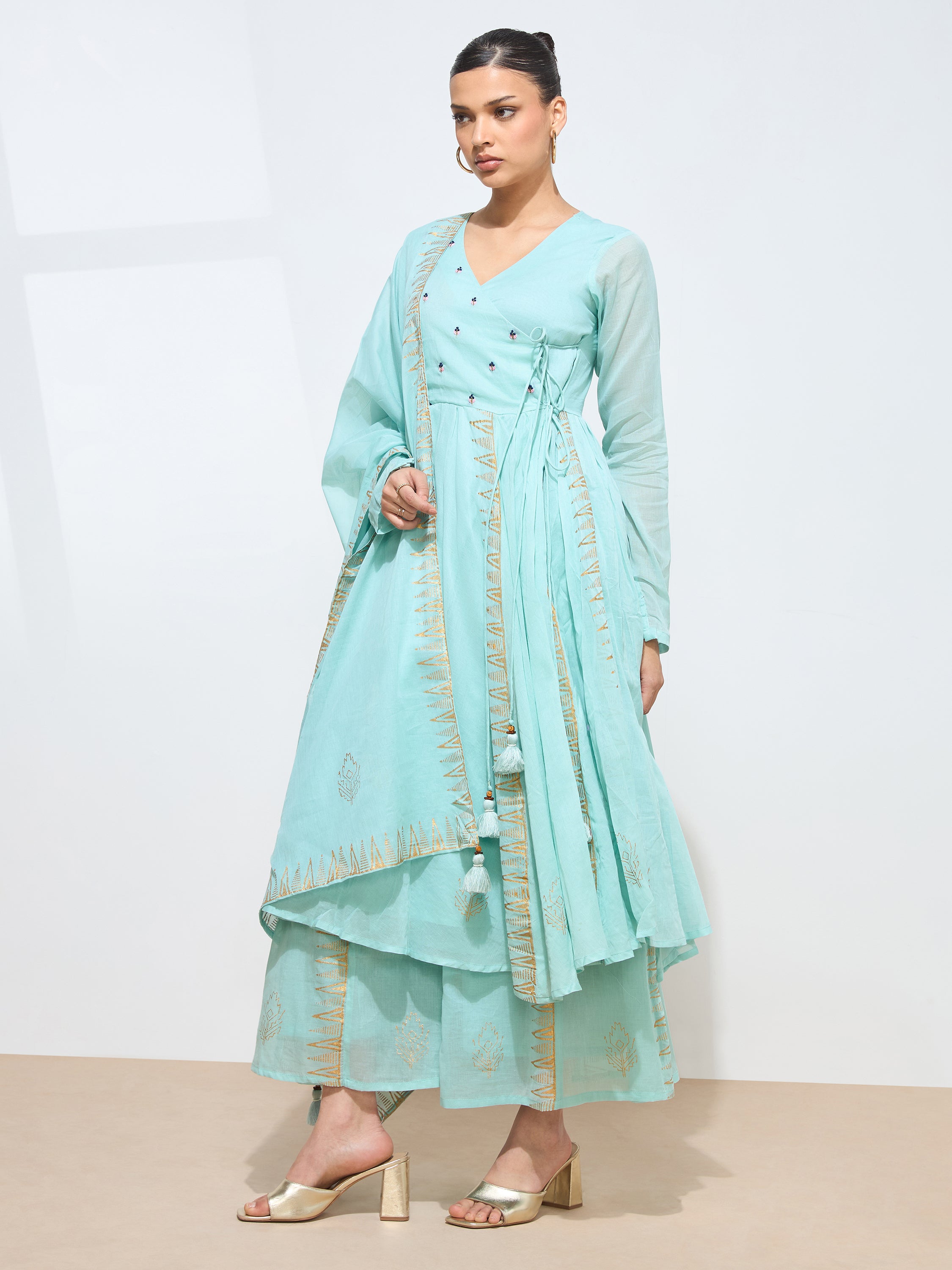 Graceful Green Blockprint Handwork Mul cotton Kurta set