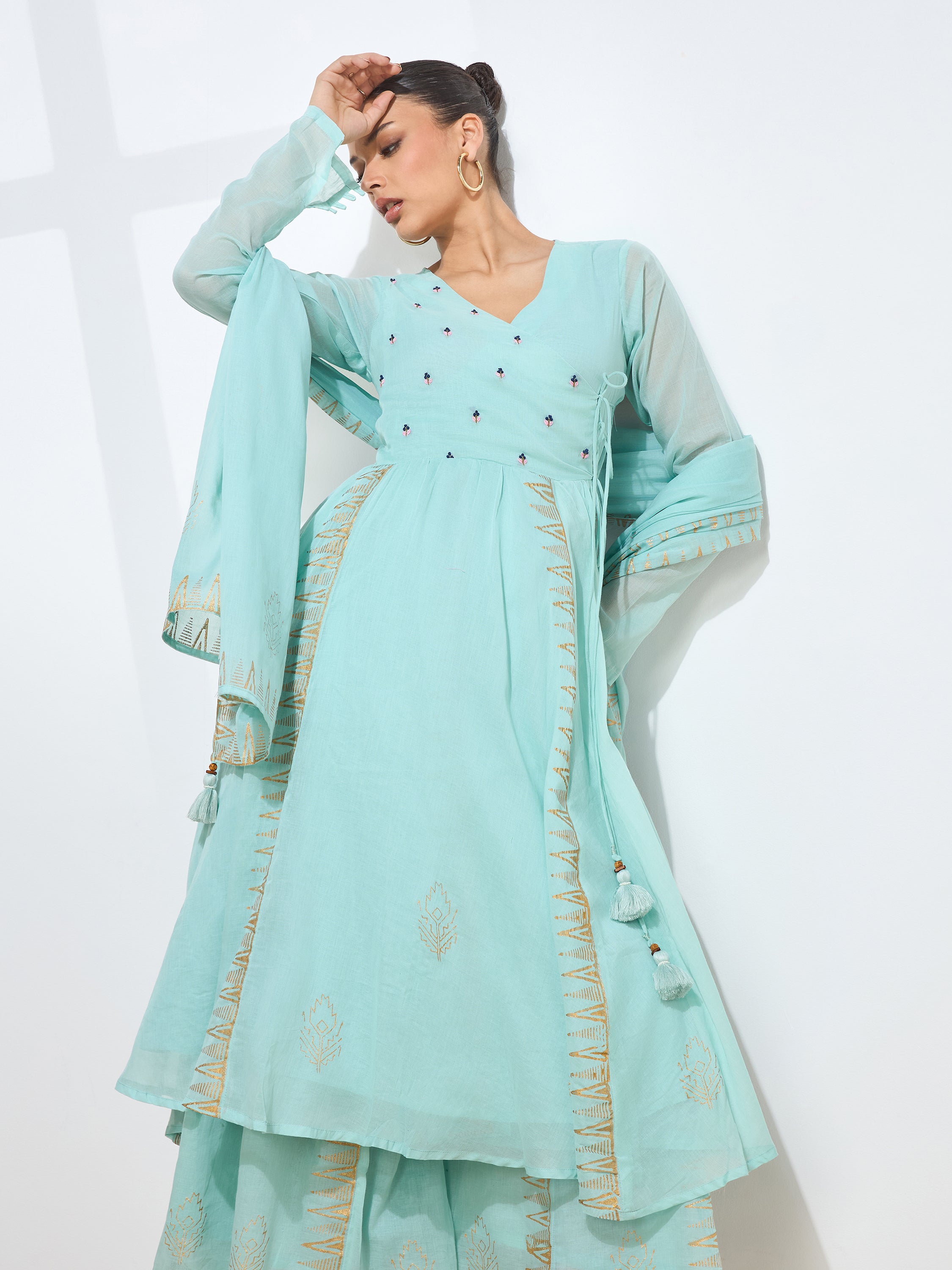 Graceful Green Blockprint Handwork Mul cotton Kurta set