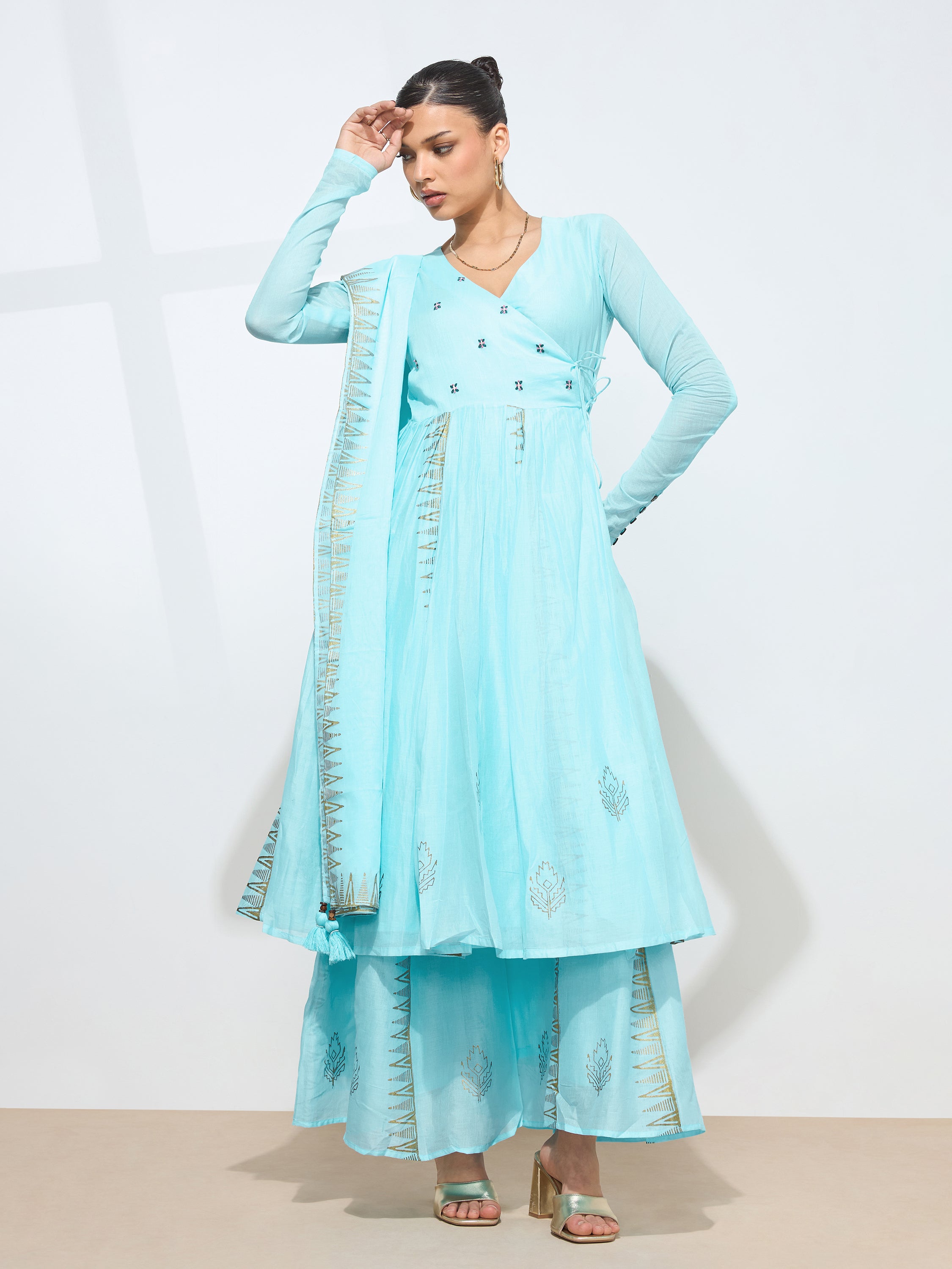 Graceful Light Blue Blockprint Handwork Mul cotton Kurta set