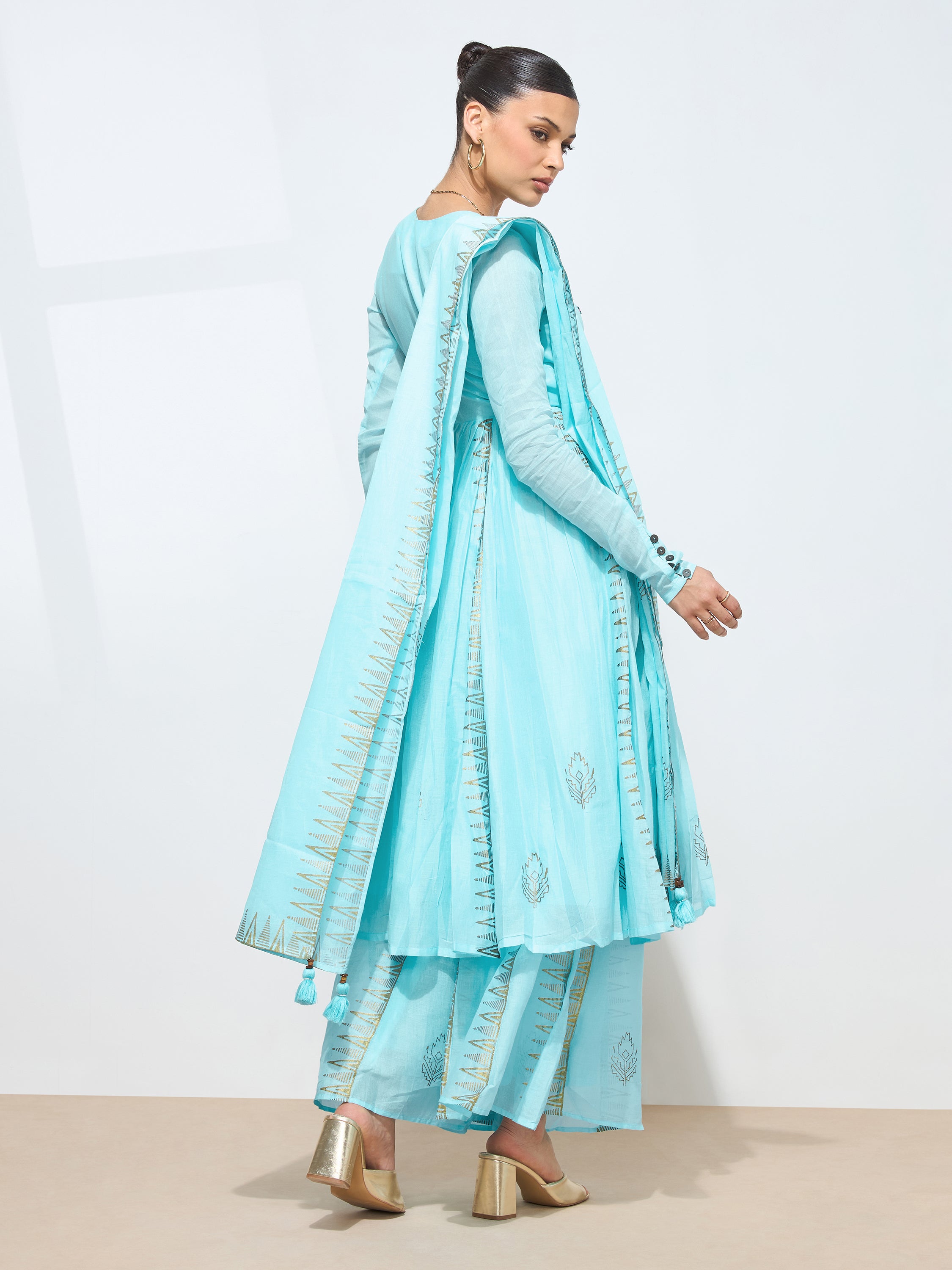 Graceful Light Blue Blockprint Handwork Mul cotton Kurta set
