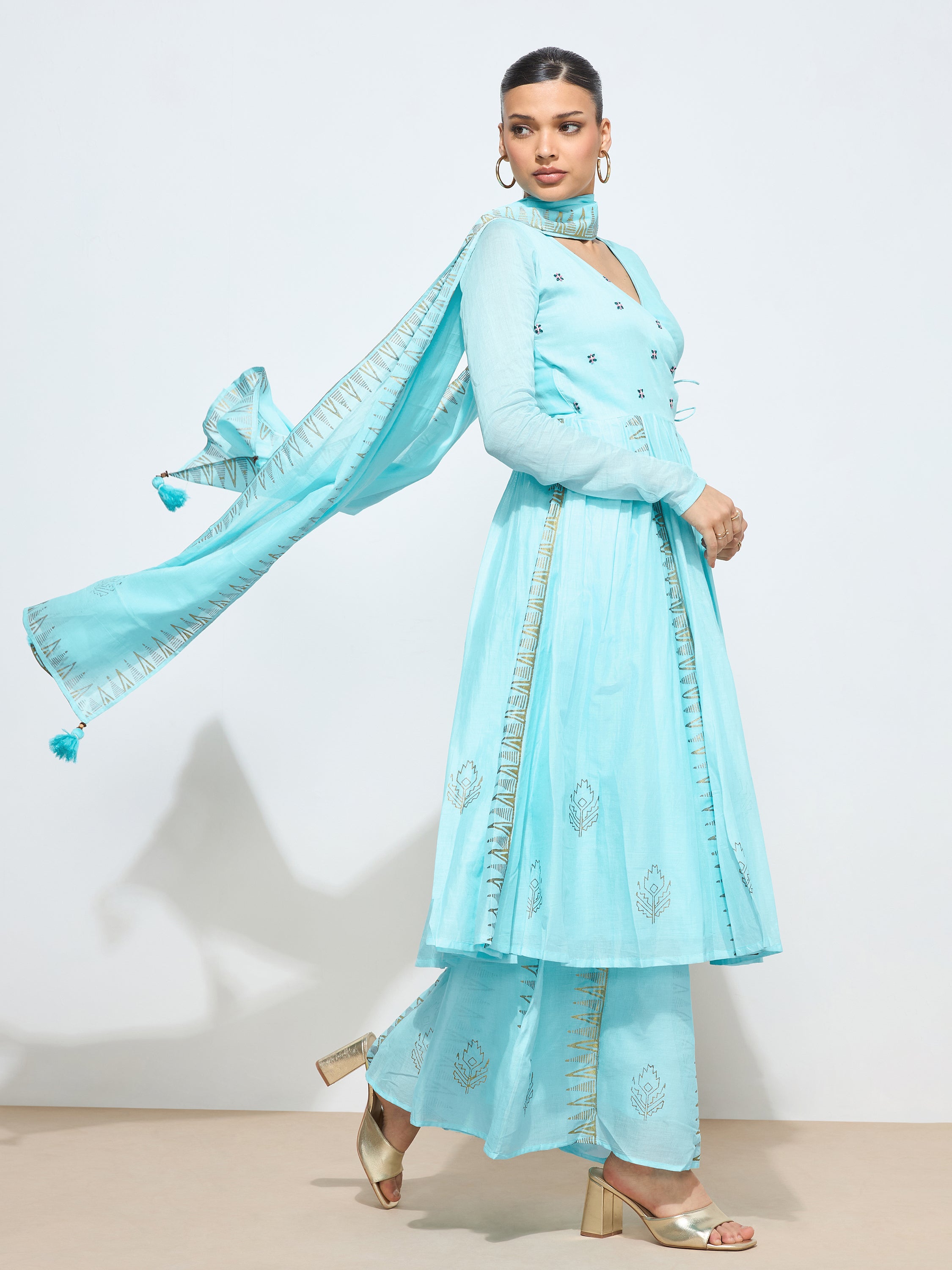 Graceful Light Blue Blockprint Handwork Mul cotton Kurta set