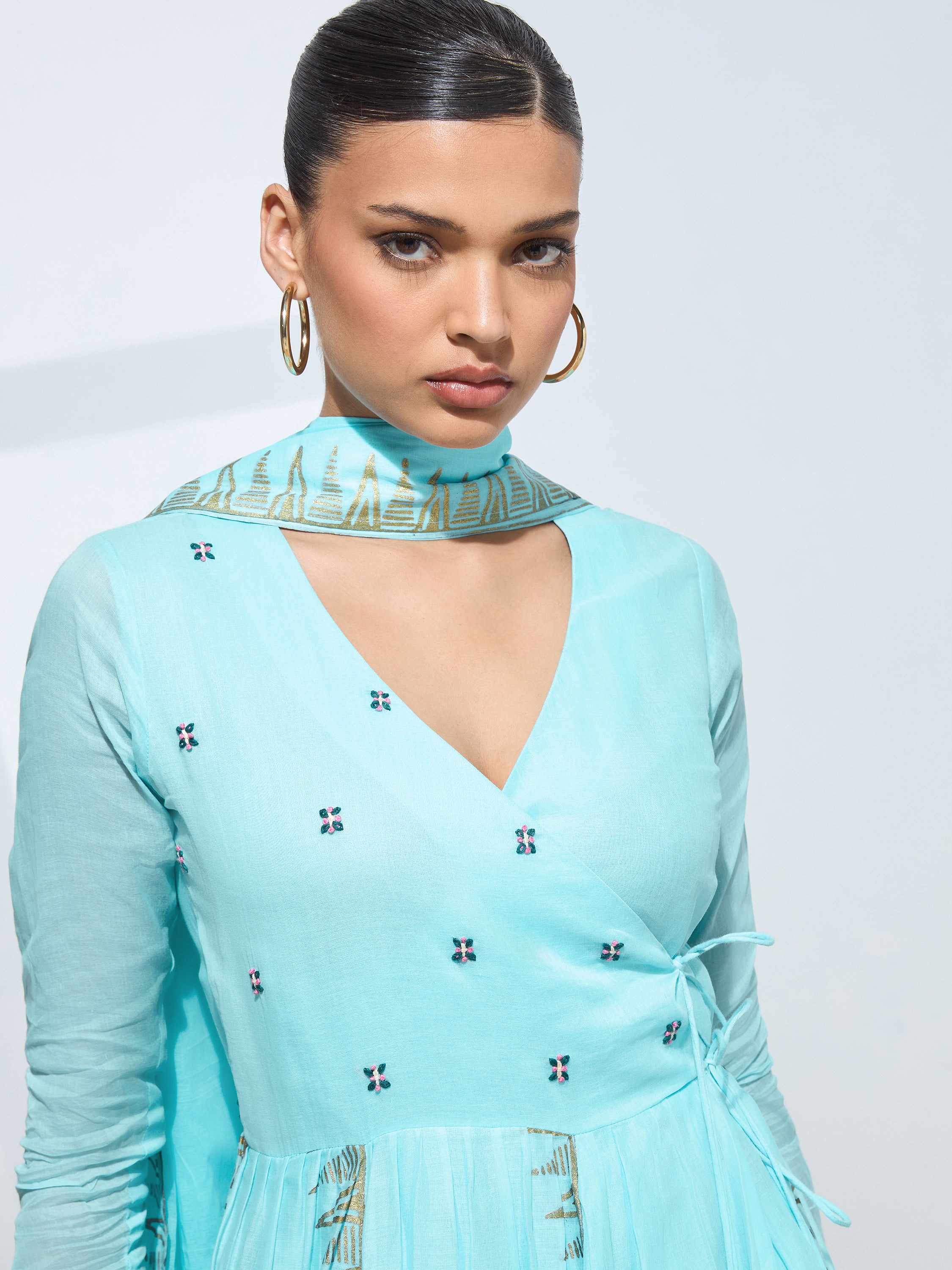 Graceful Light Blue Blockprint Handwork Mul cotton Kurta set
