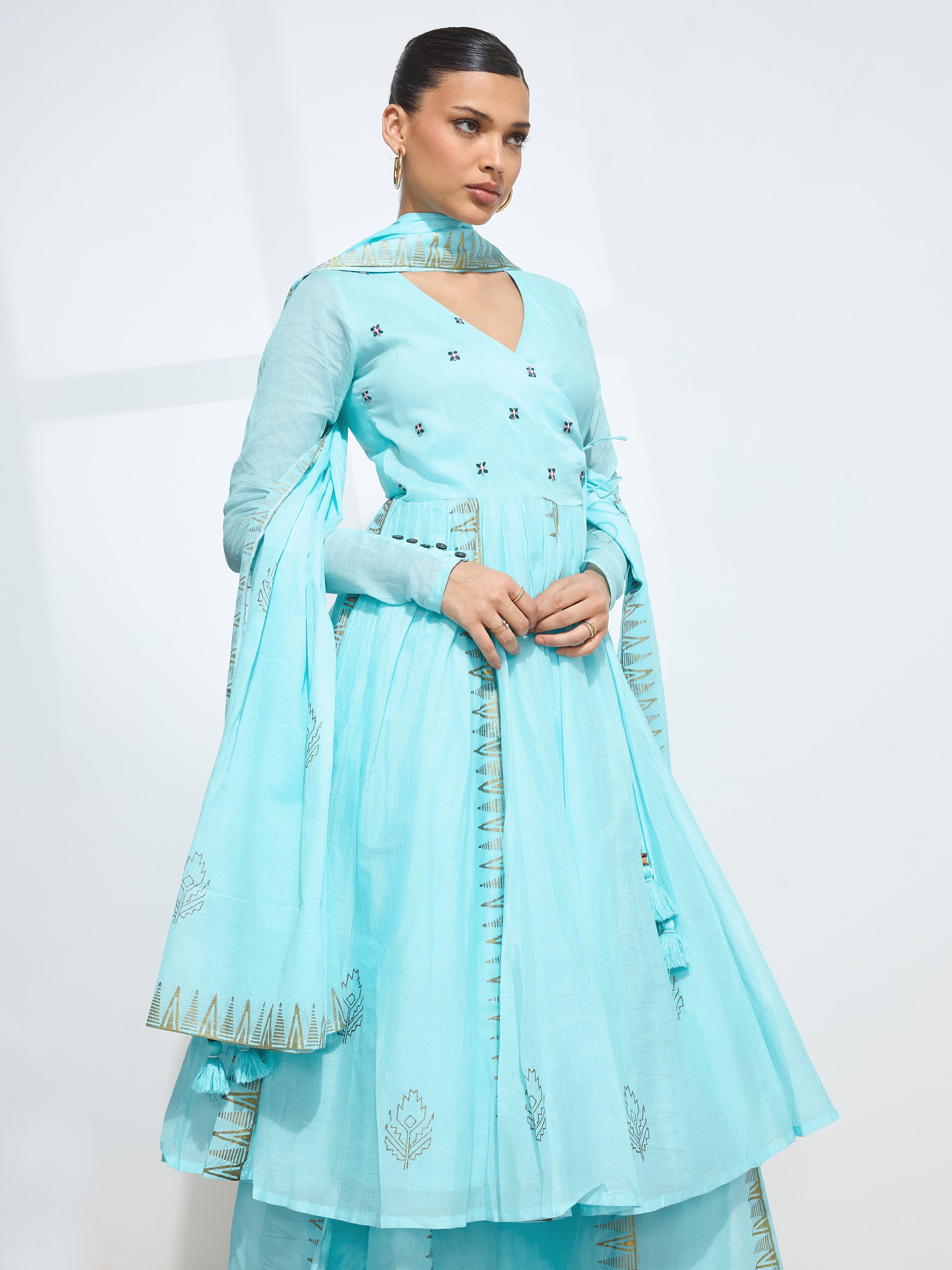Graceful Light Blue Blockprint Handwork Mul cotton Kurta set