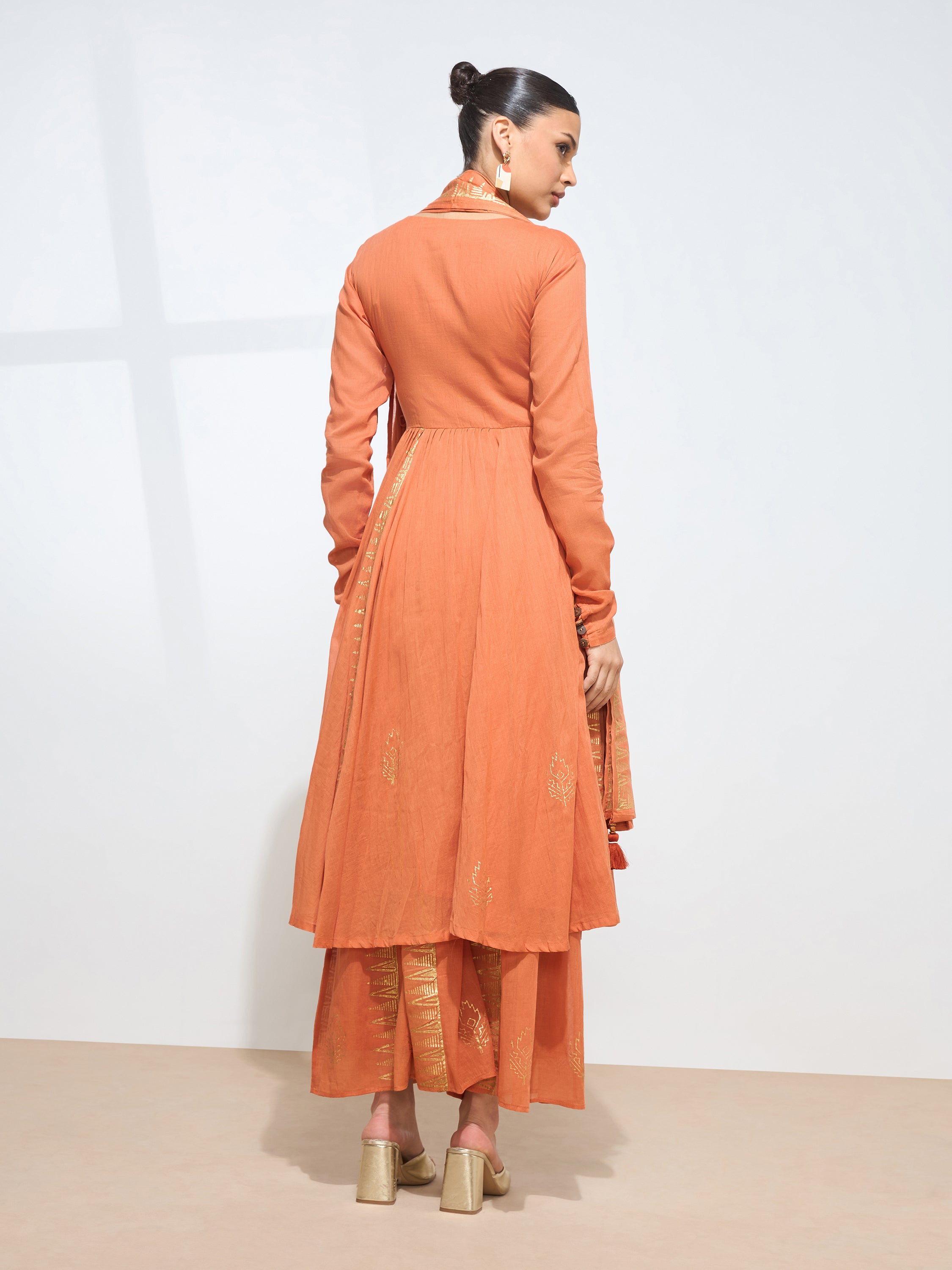 Graceful Rust Blockprint Handwork Mul cotton Kurta set