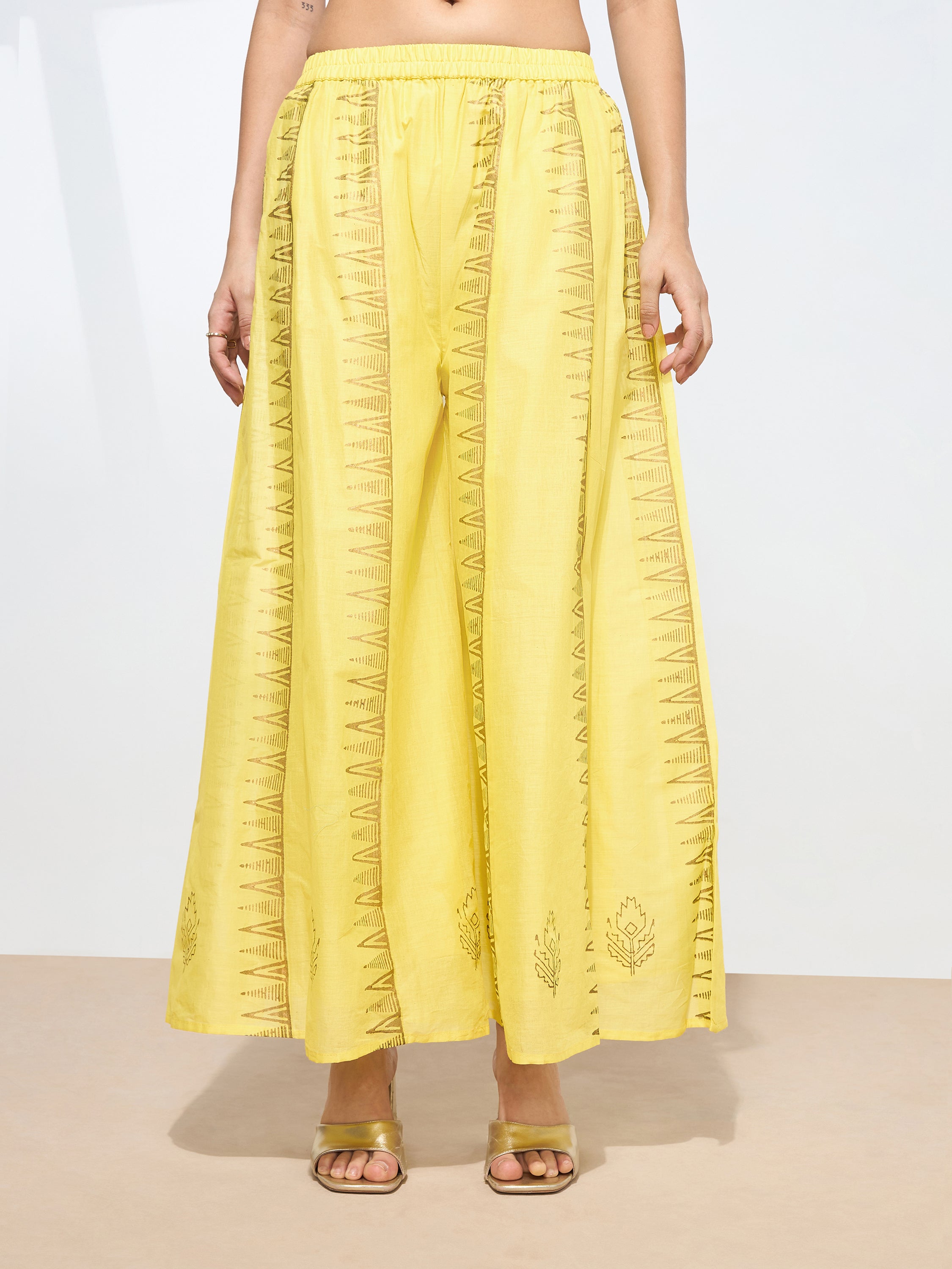 Graceful Yellow Blockprint Handwork Mul cotton Kurta set