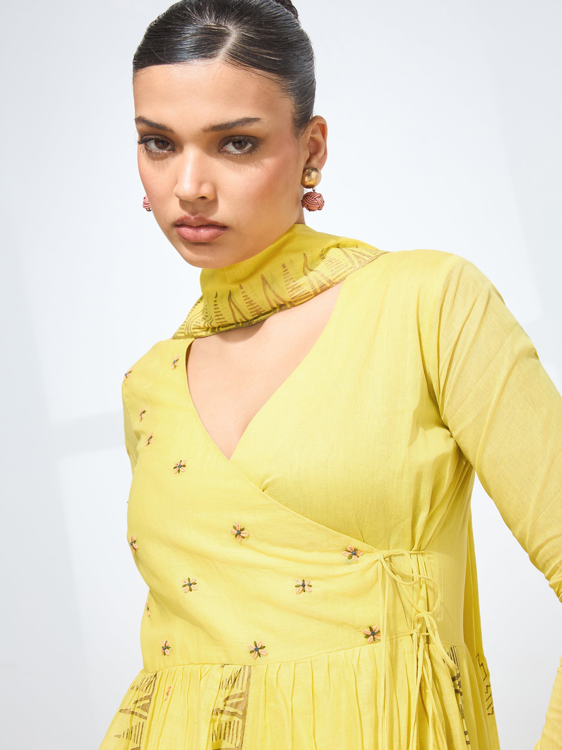 Graceful Yellow Blockprint Handwork Mul cotton Kurta set