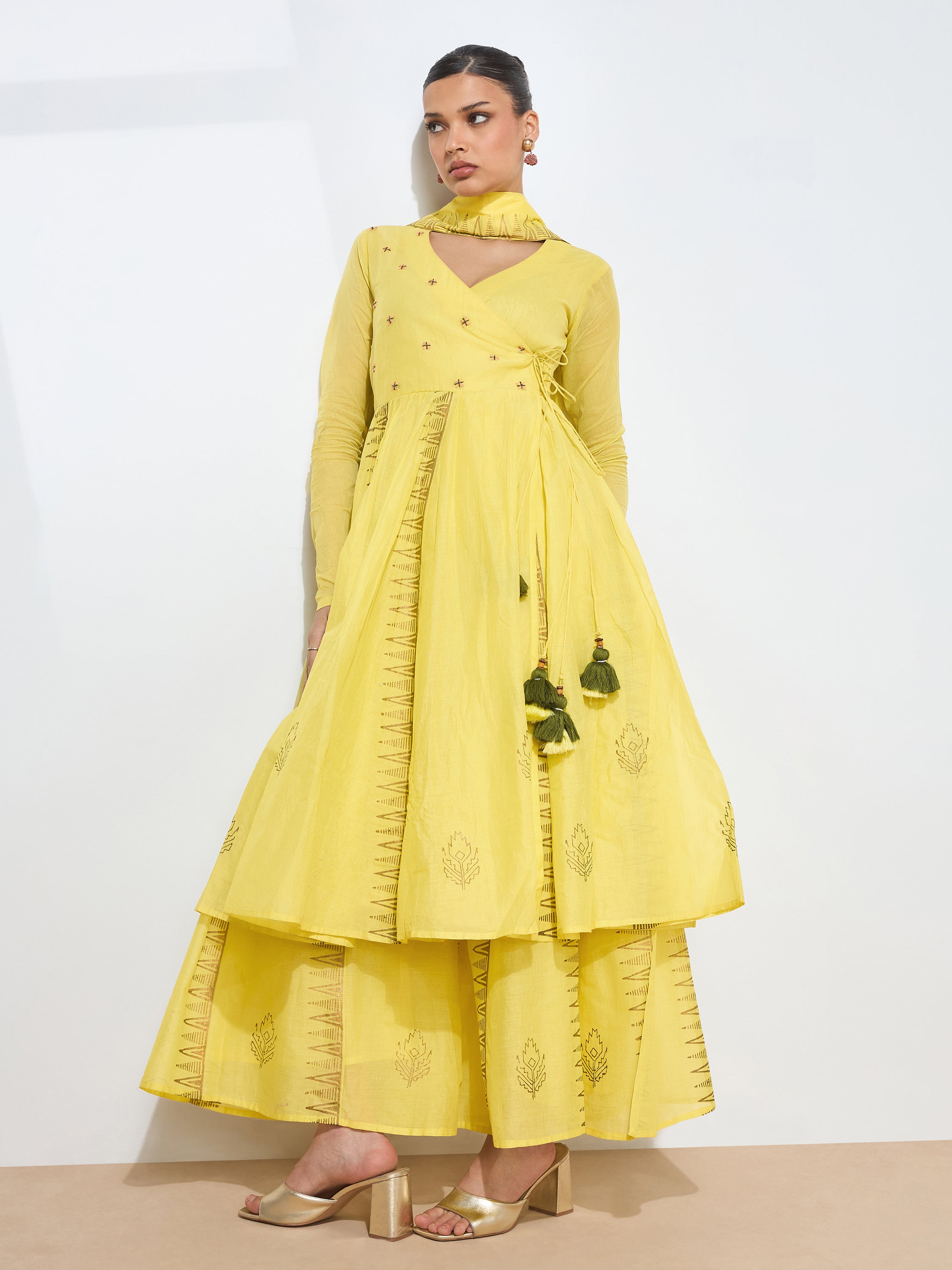 Graceful Yellow Blockprint Handwork Mul cotton Kurta set