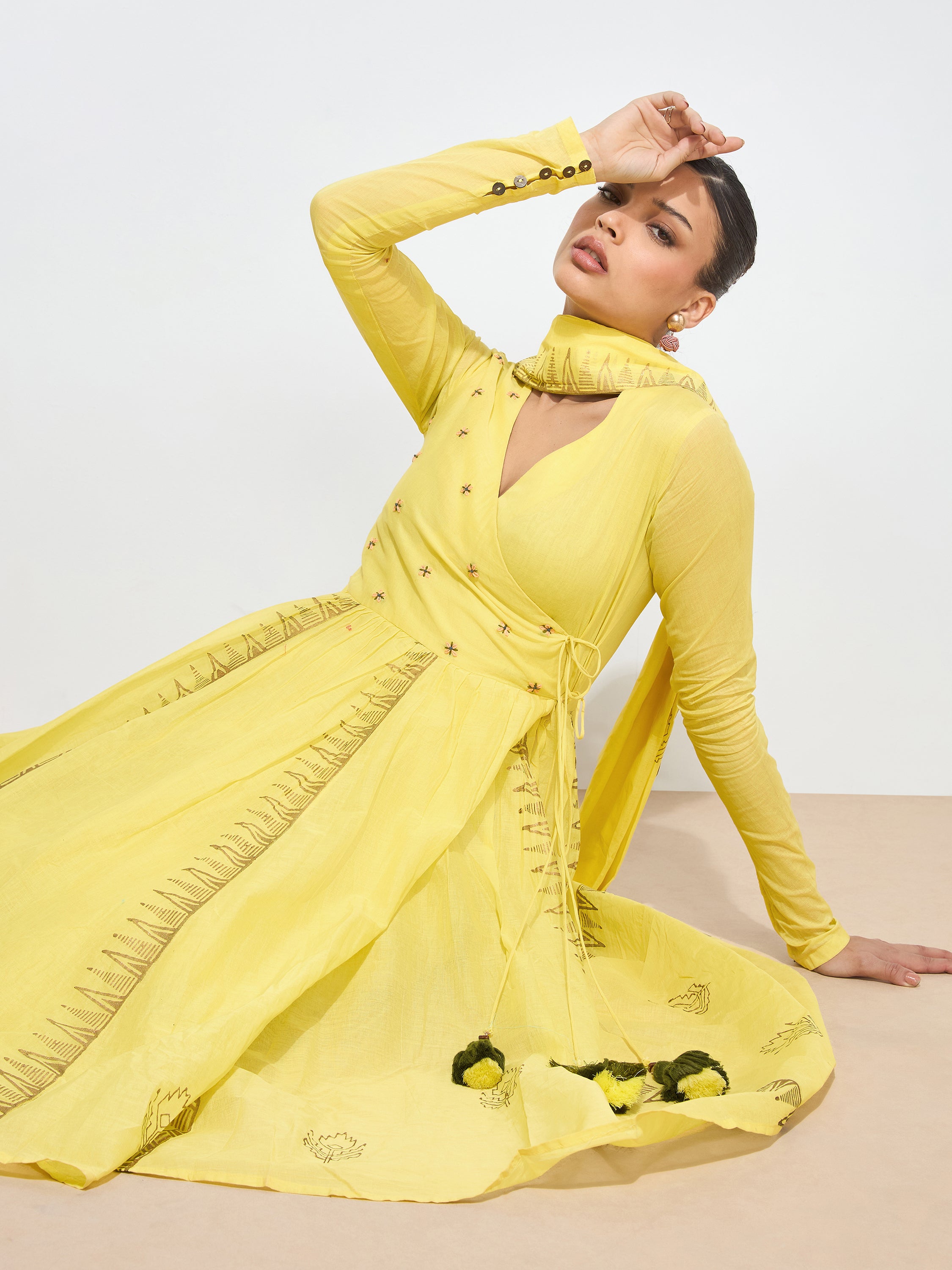 Graceful Yellow Blockprint Handwork Mul cotton Kurta set