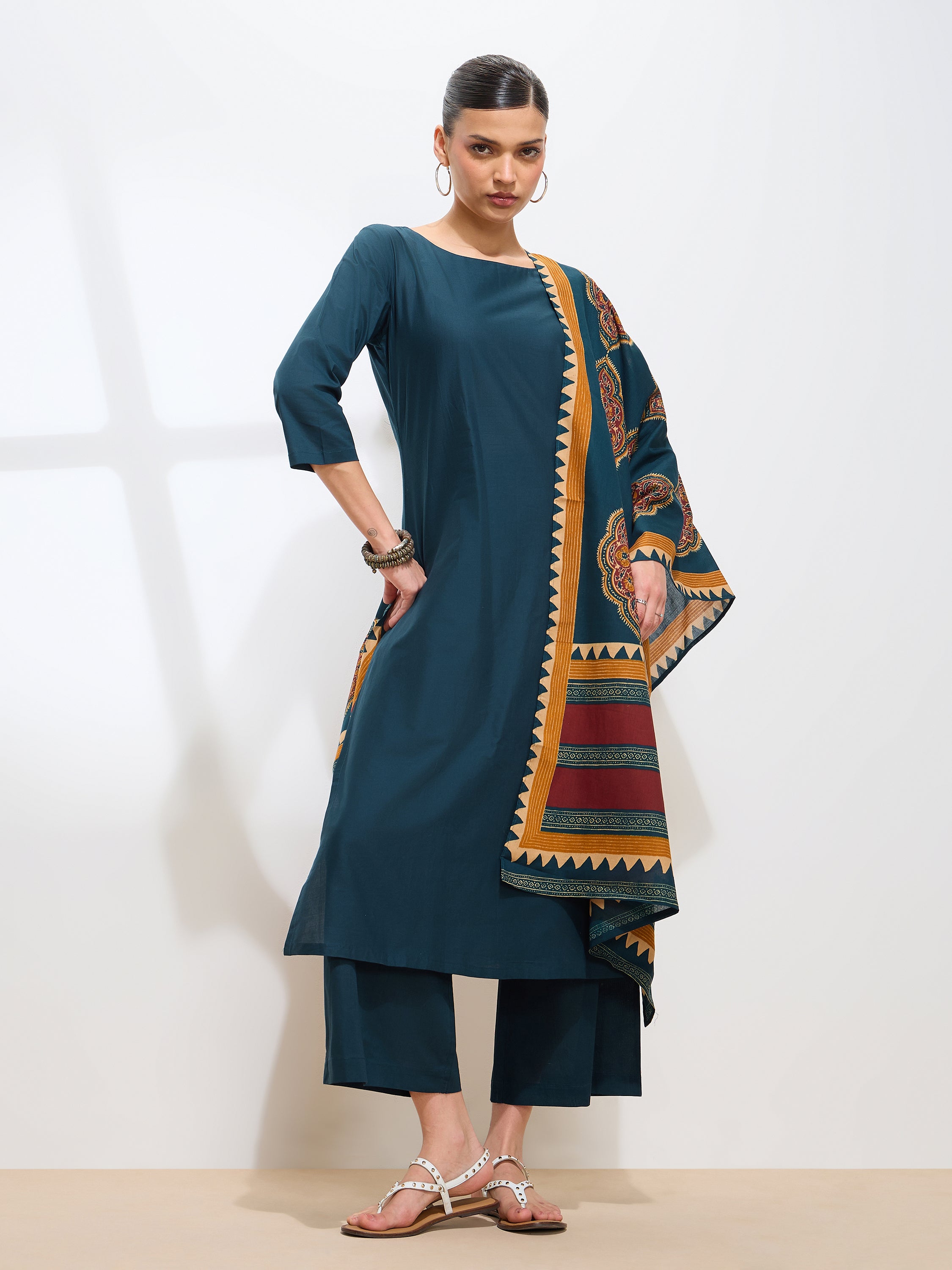 Graceful Teal Solid Solid Pure Cotton Kurta set