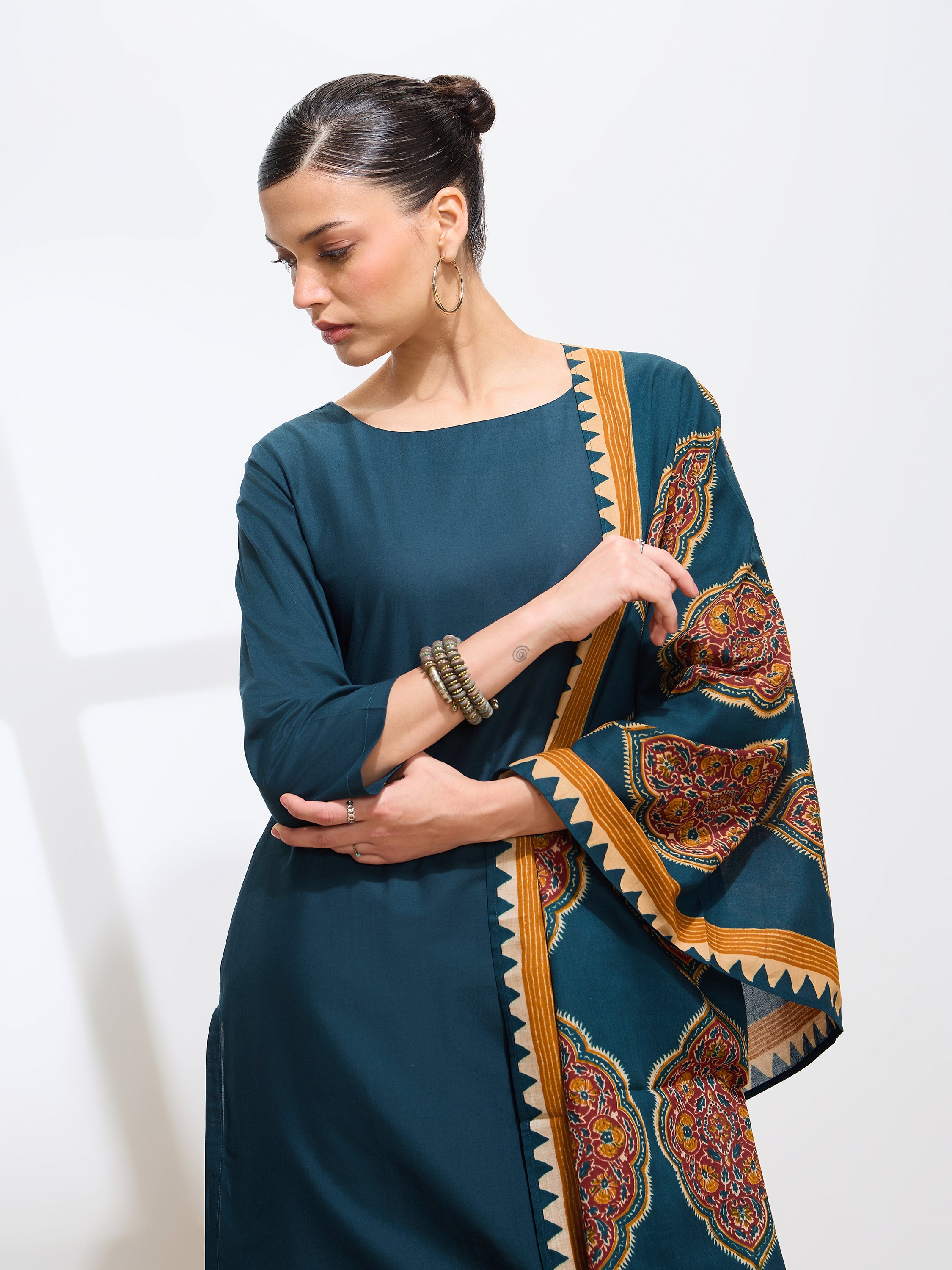 Graceful Teal Solid Solid Pure Cotton Kurta set