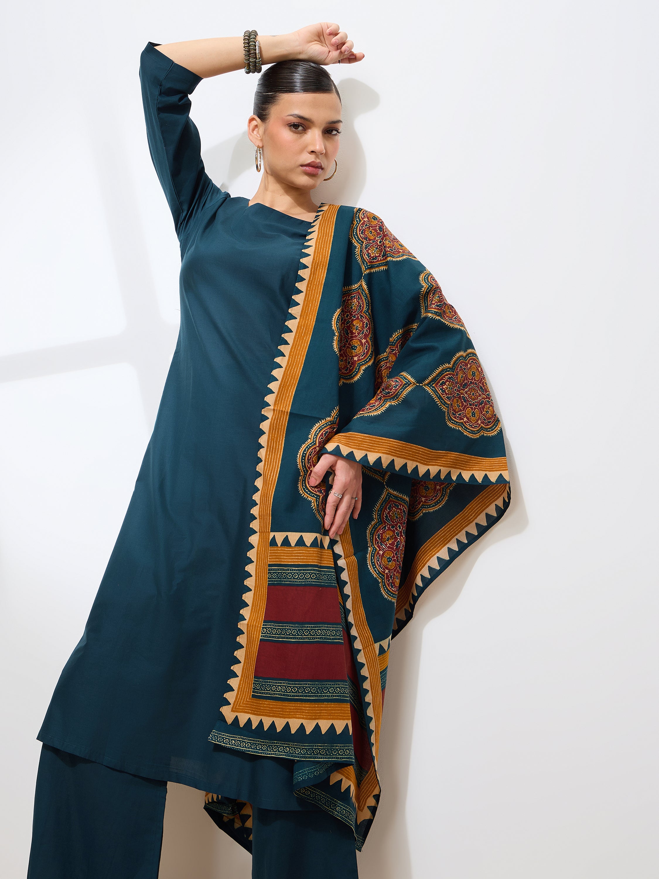 Graceful Teal Solid Solid Pure Cotton Kurta set