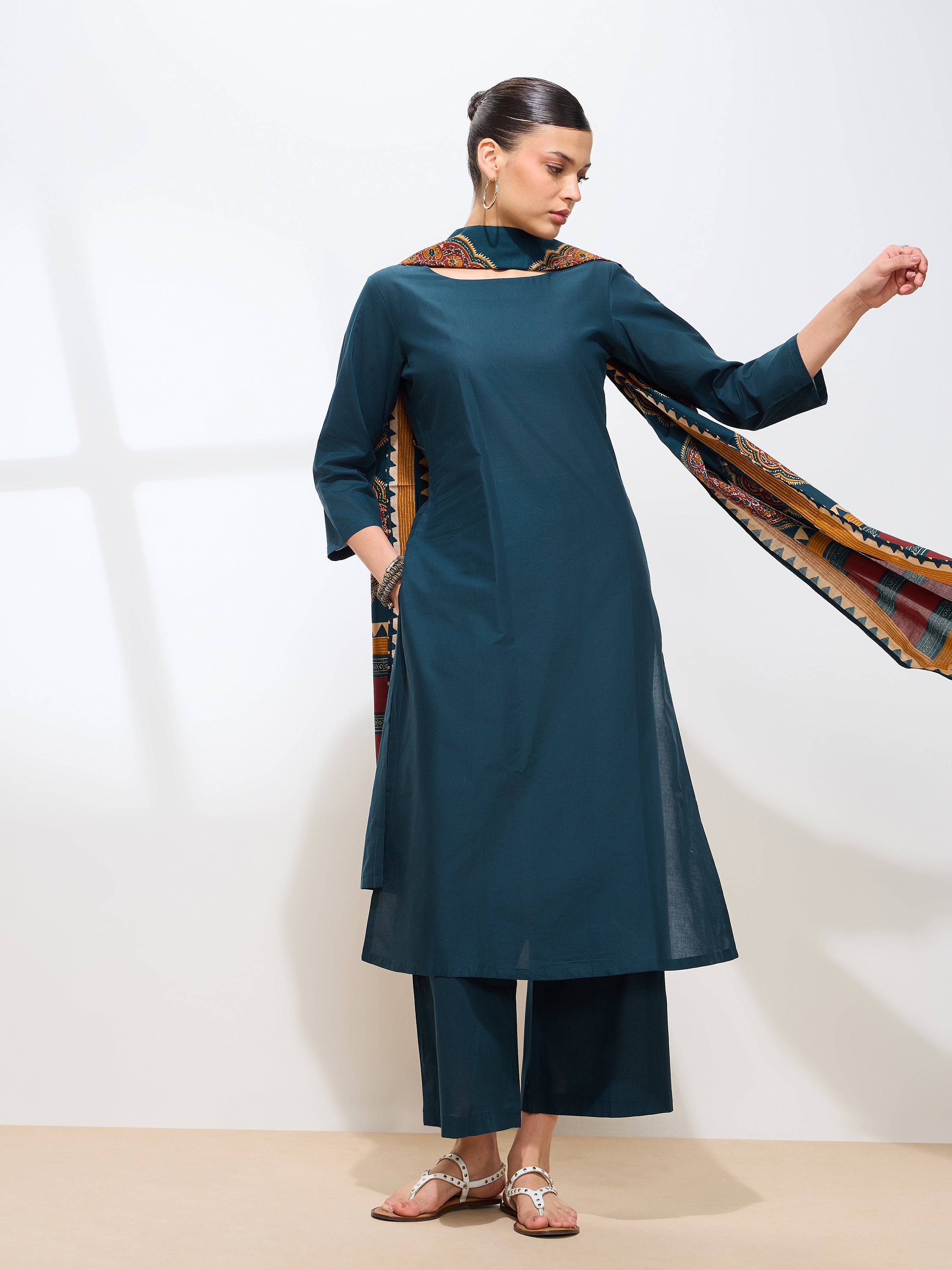 Graceful Teal Solid Solid Pure Cotton Kurta set