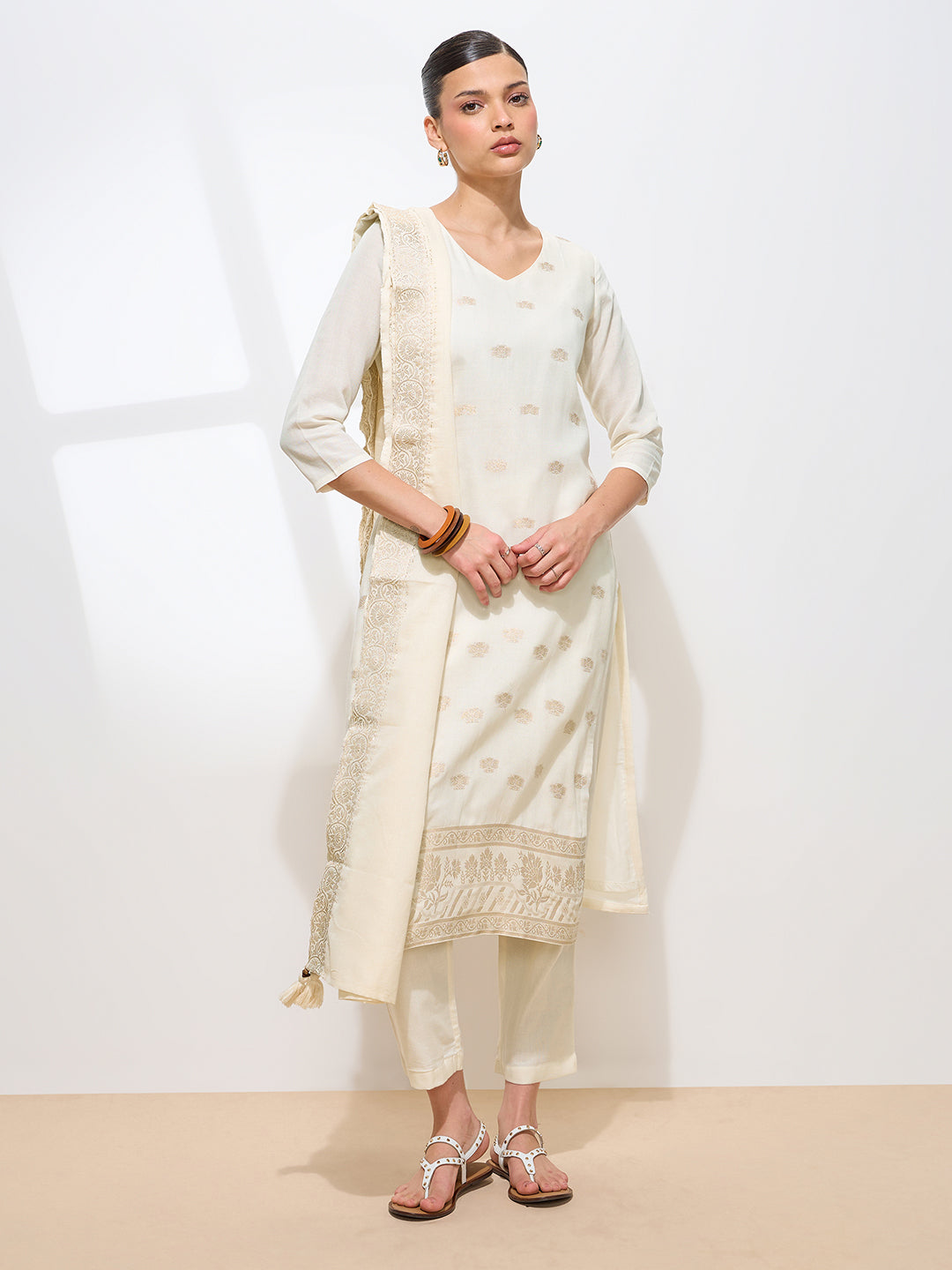 Graceful Off White Floral Printed Pure Cotton Kurta set
