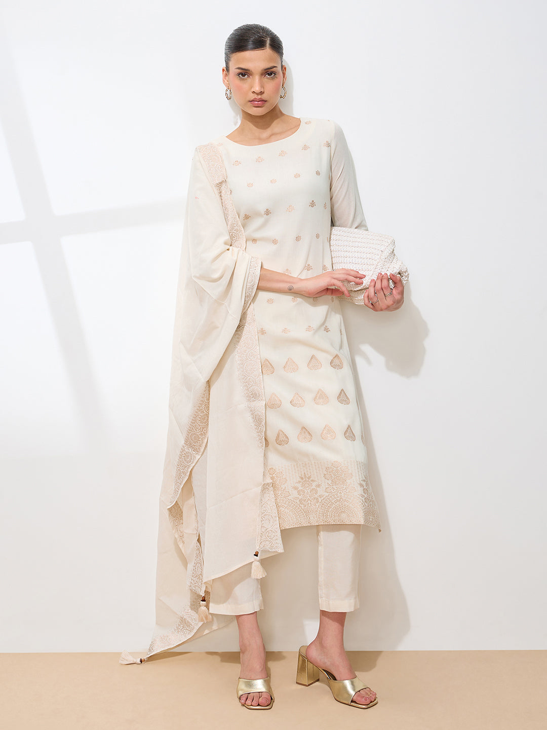 Graceful Off White Floral Printed Pure Cotton Kurta set