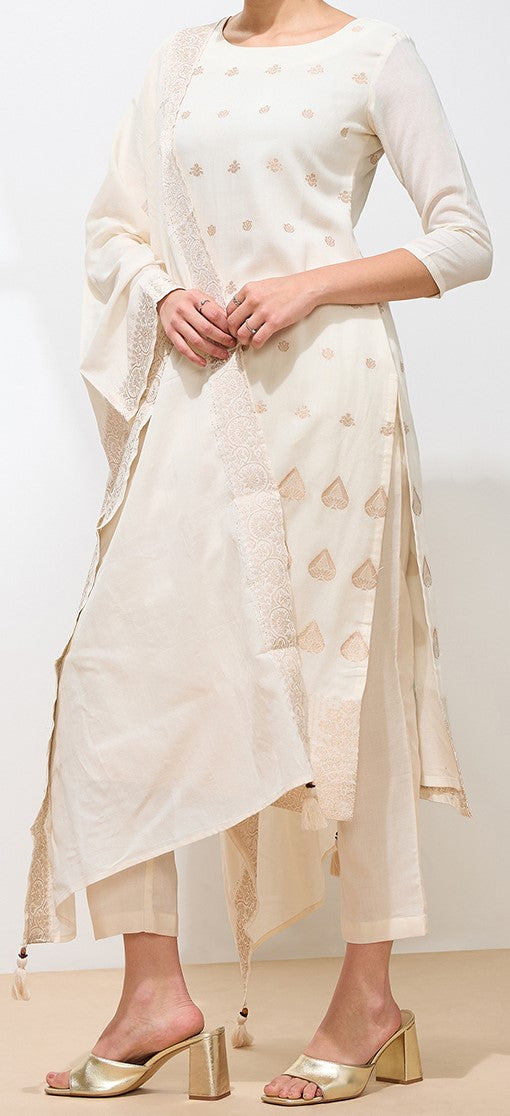 Graceful Off White Floral Printed Pure Cotton Kurta set