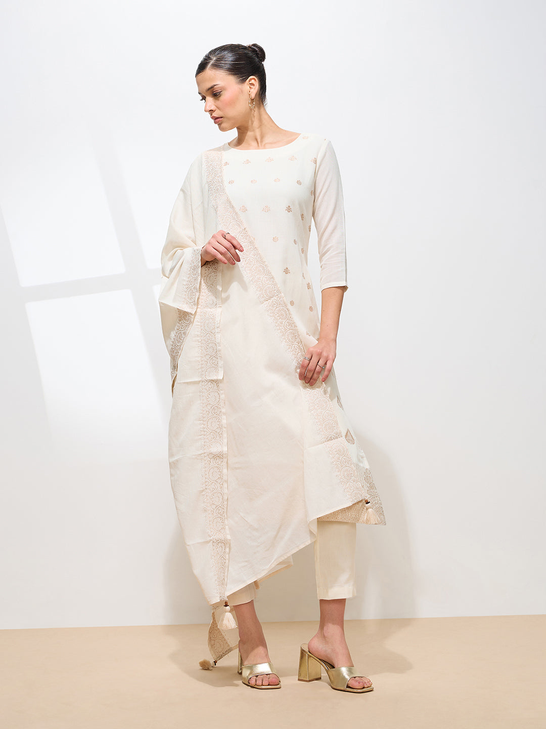 Graceful Off White Floral Printed Pure Cotton Kurta set