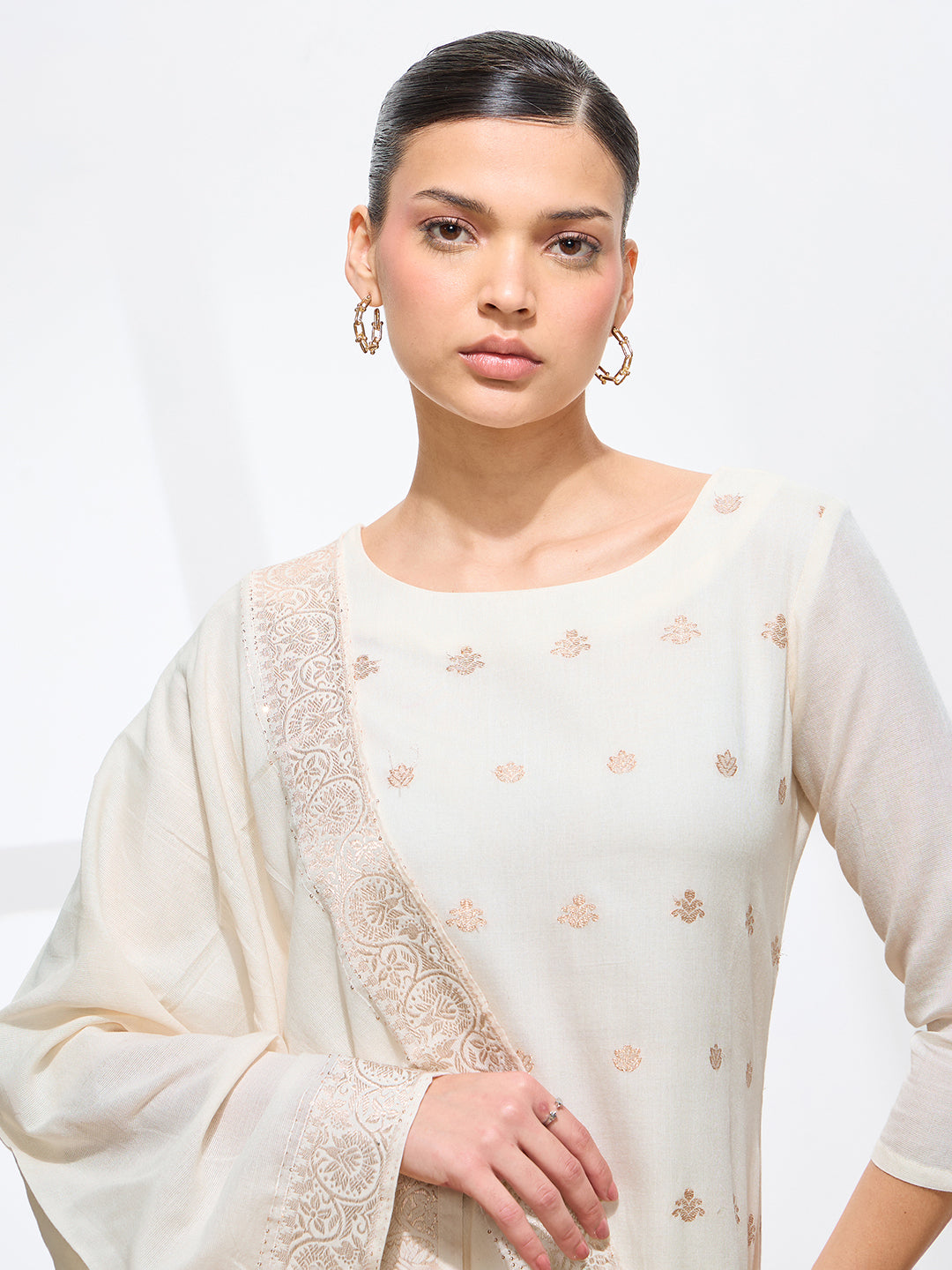 Graceful Off White Floral Printed Pure Cotton Kurta set