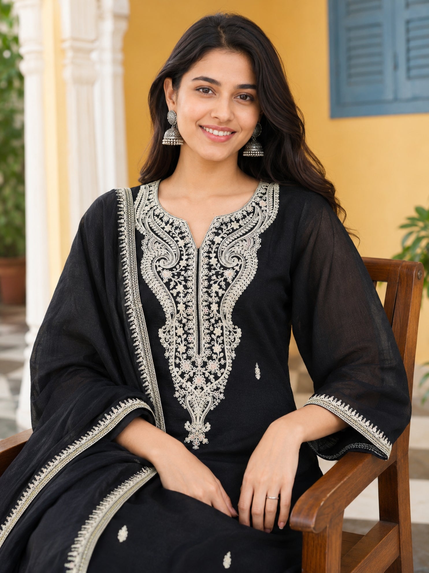 Graceful Black Floral Embroidery Silk Blend Kurta set