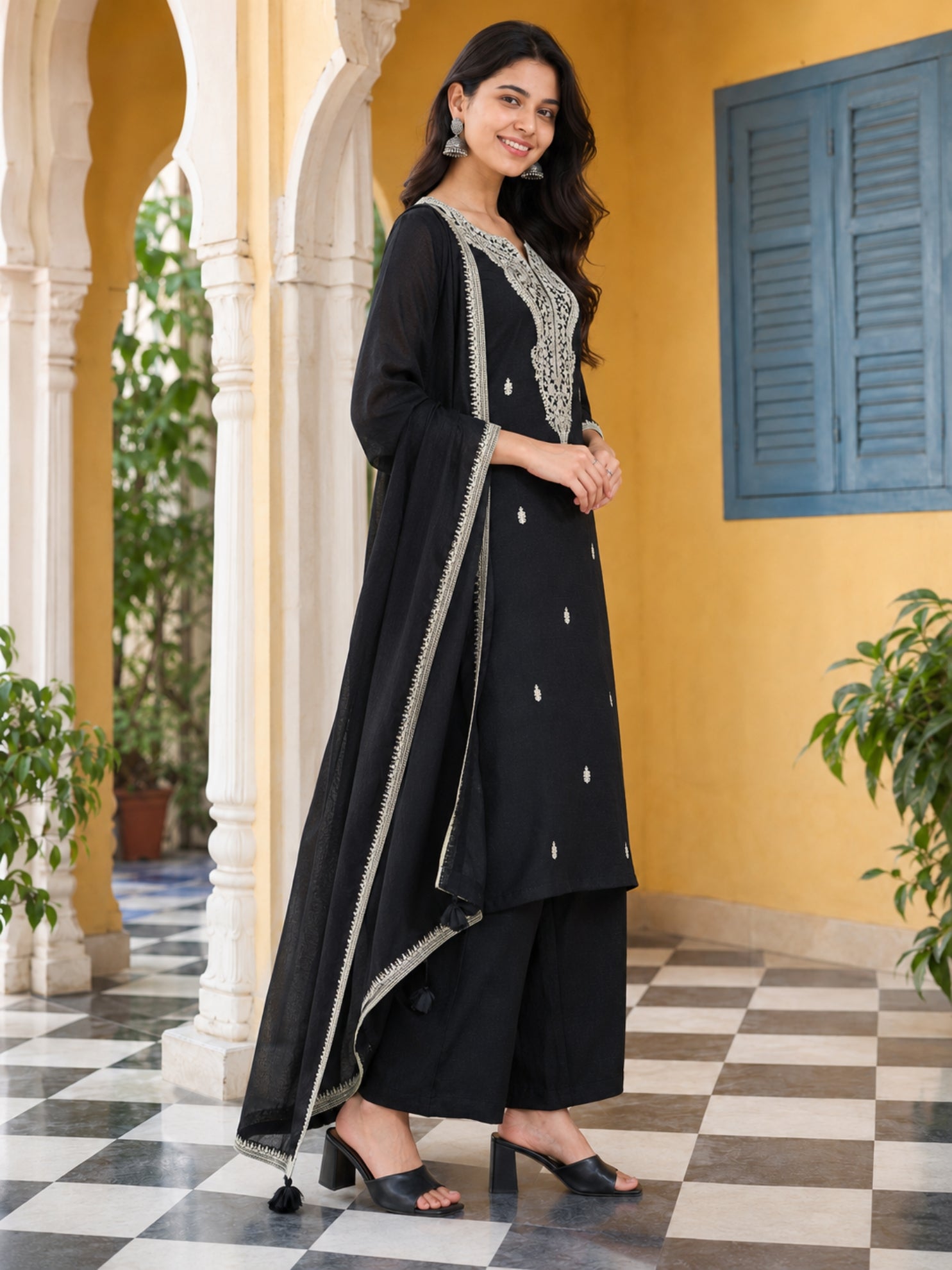 Graceful Black Floral Embroidery Silk Blend Kurta set