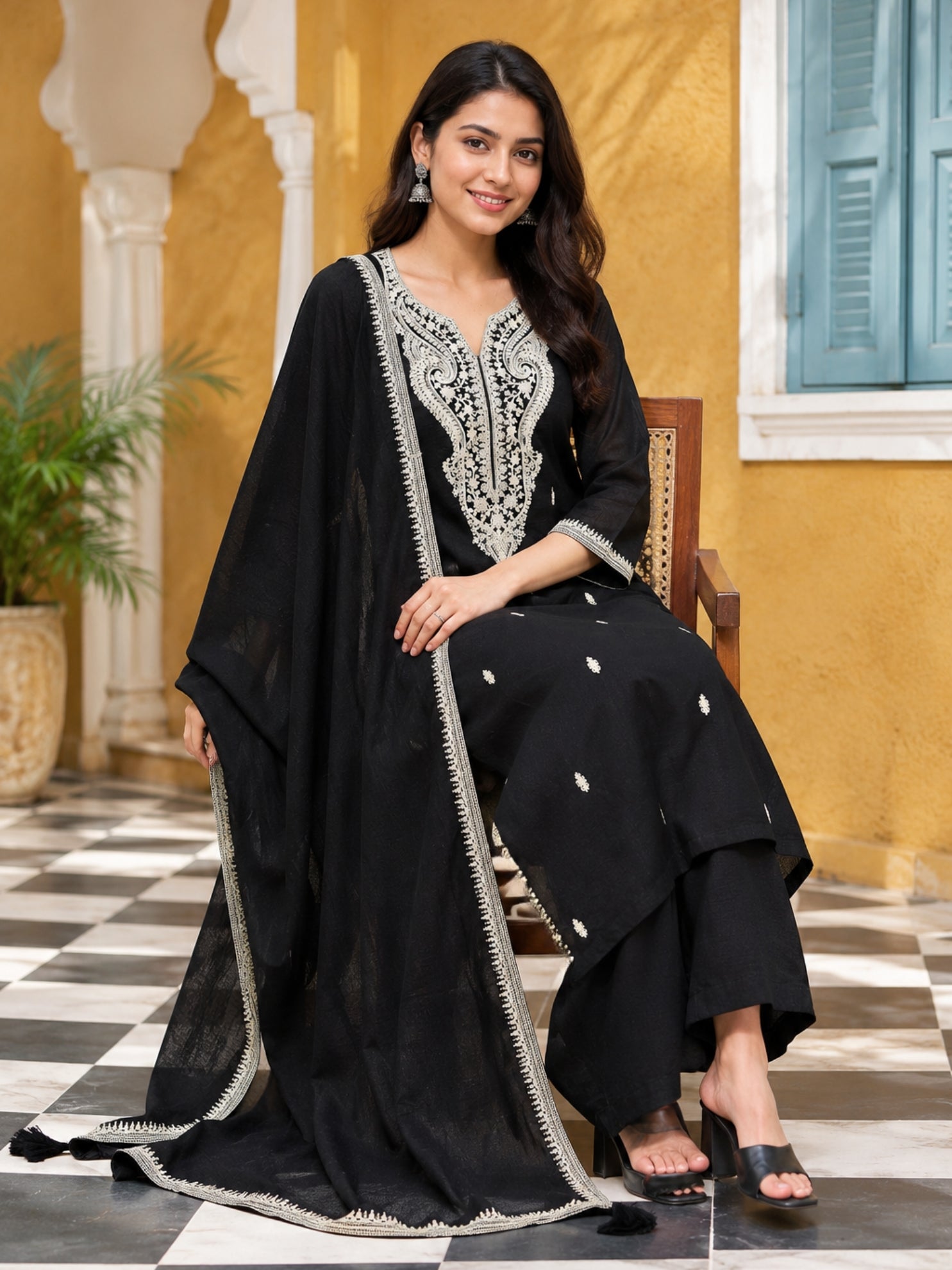 Graceful Black Floral Embroidery Silk Blend Kurta set