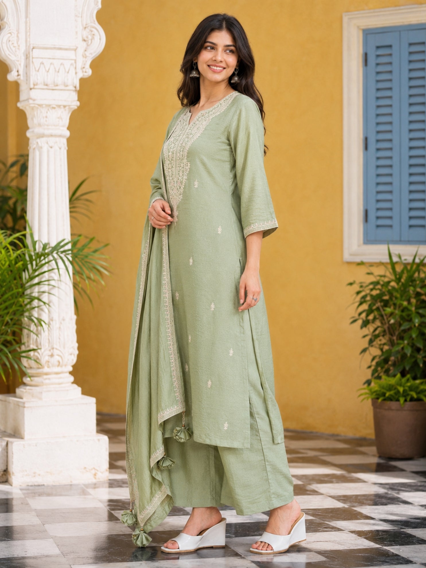 Graceful Green Floral Embroidery Silk Blend Kurta set
