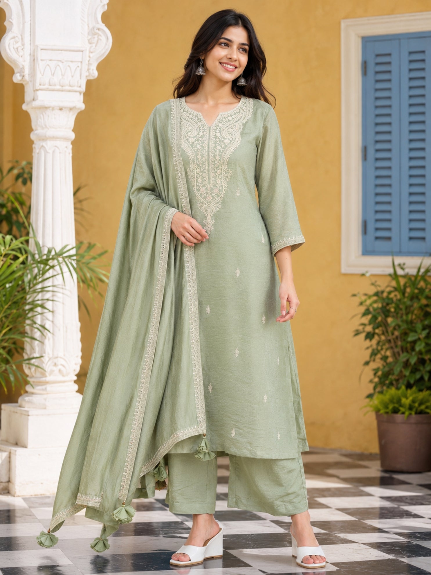 Graceful Green Floral Embroidery Silk Blend Kurta set