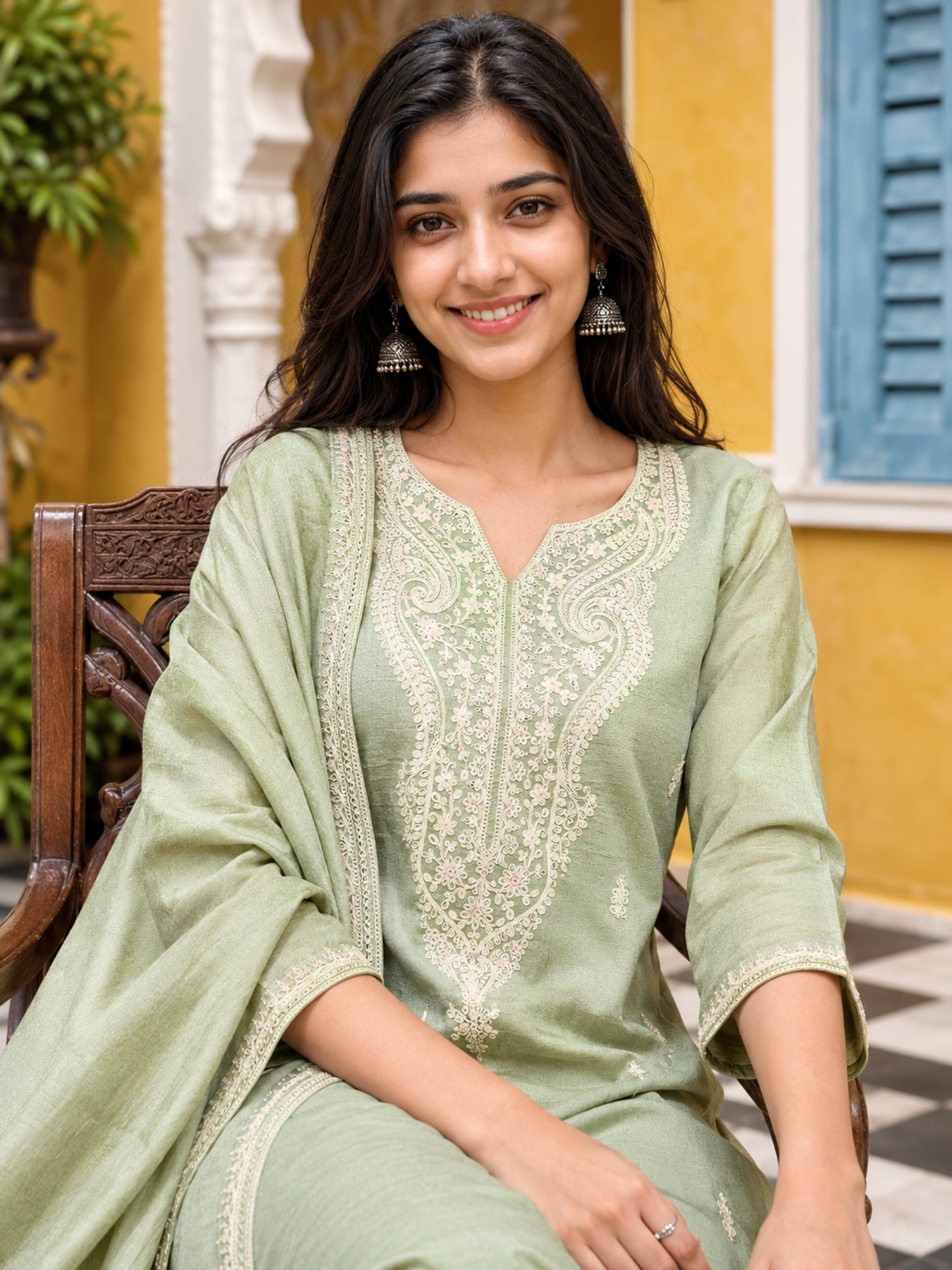 Graceful Green Floral Embroidery Silk Blend Kurta set