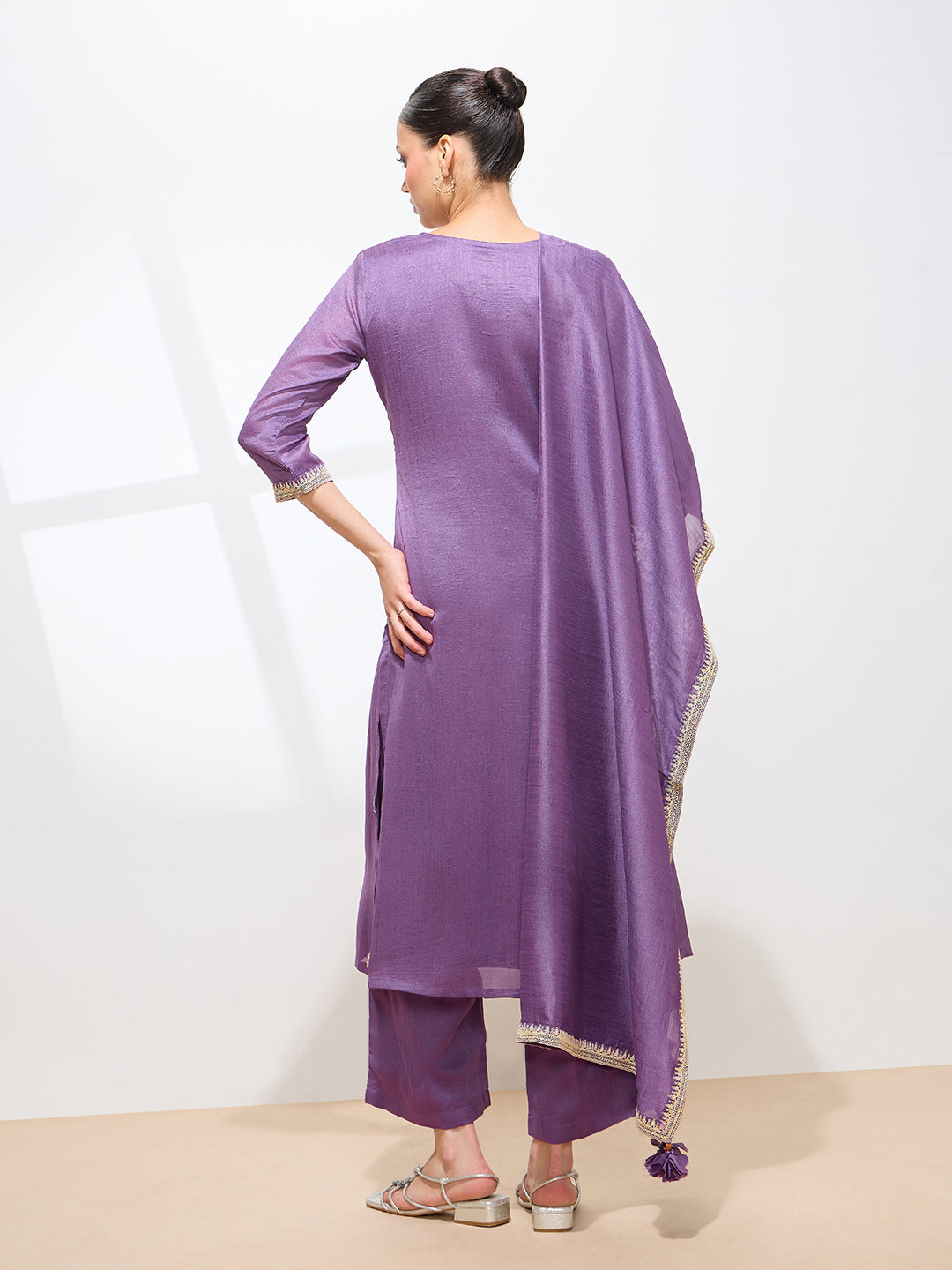 Graceful Lavender Floral Embroidery Silk Blend Kurta set