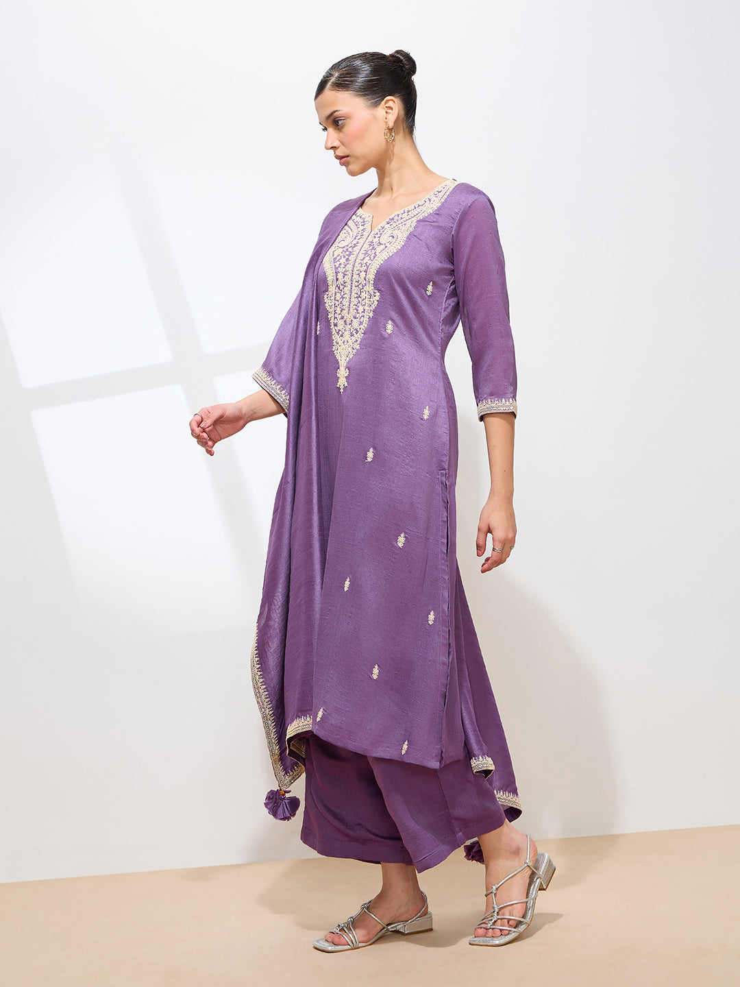 Graceful Lavender Floral Embroidery Silk Blend Kurta set