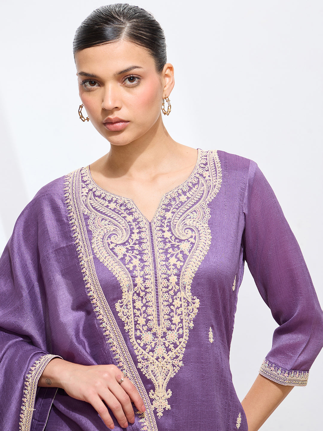 Graceful Lavender Floral Embroidery Silk Blend Kurta set
