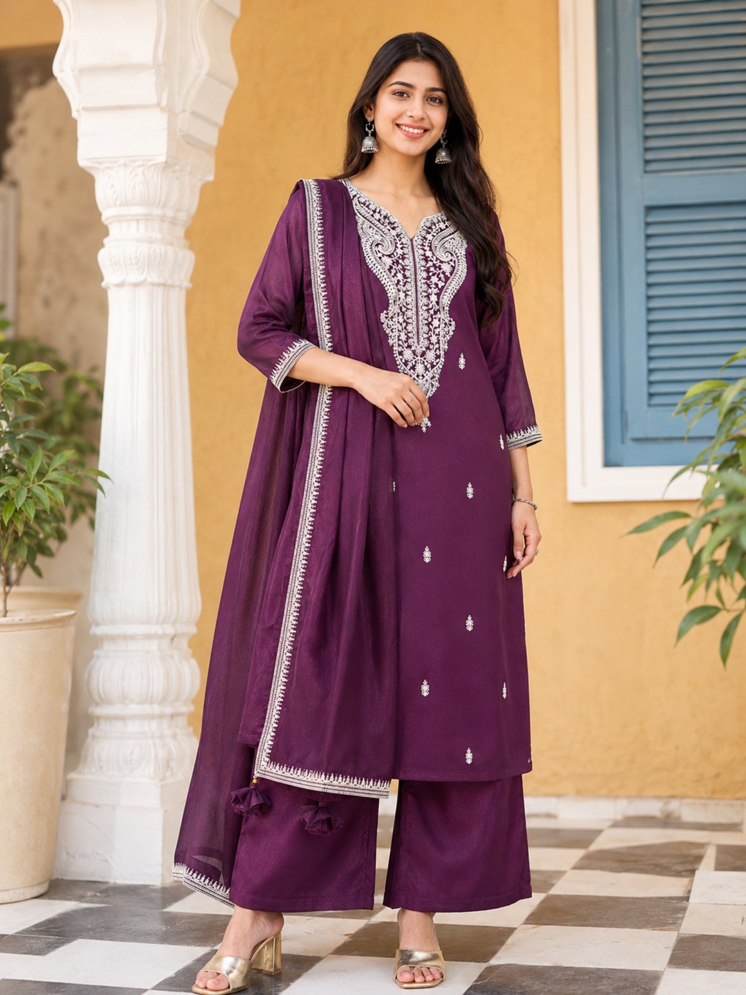 Graceful Wine Floral Embroidery Silk Blend Kurta set
