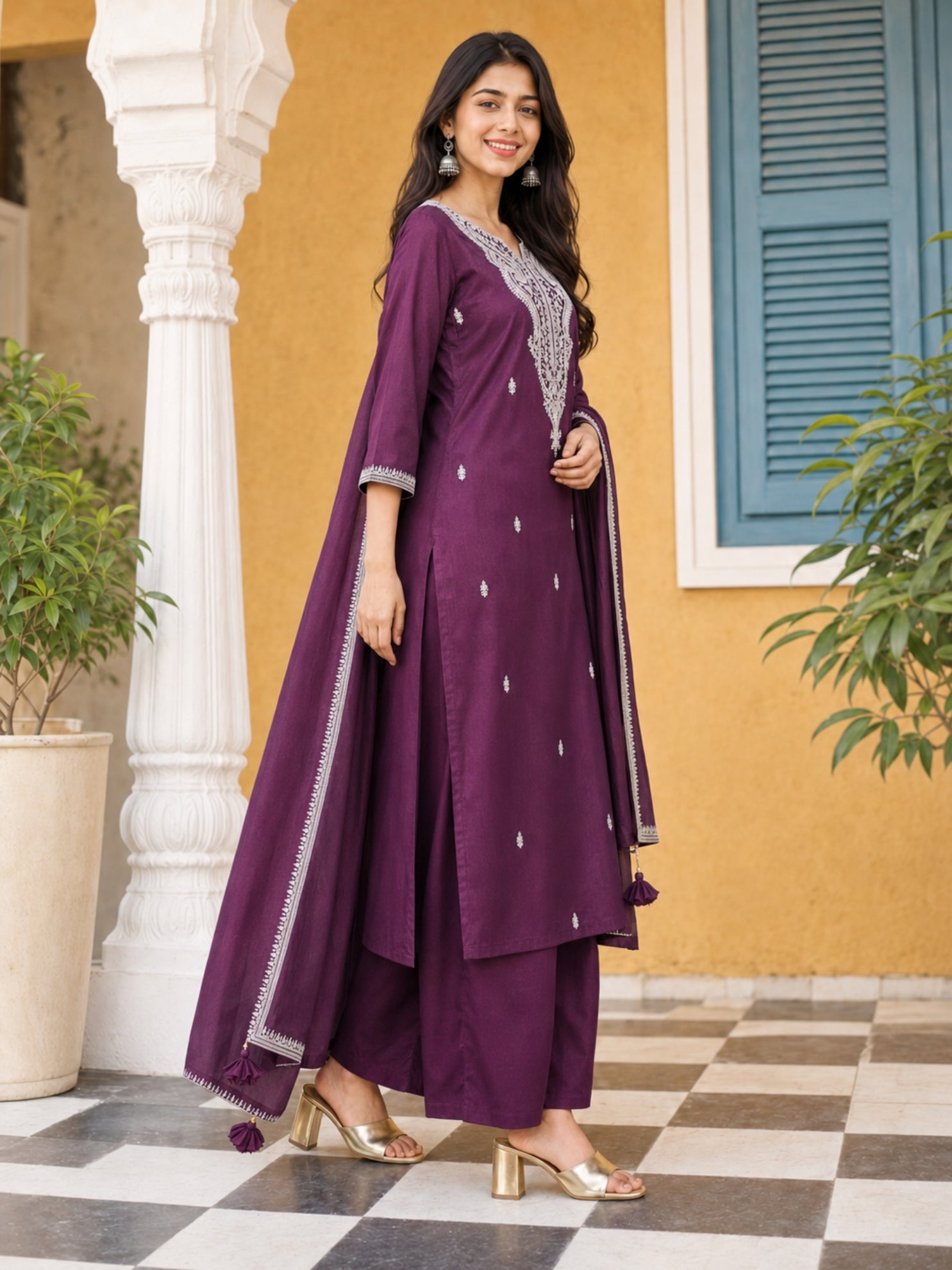 Graceful Wine Floral Embroidery Silk Blend Kurta set