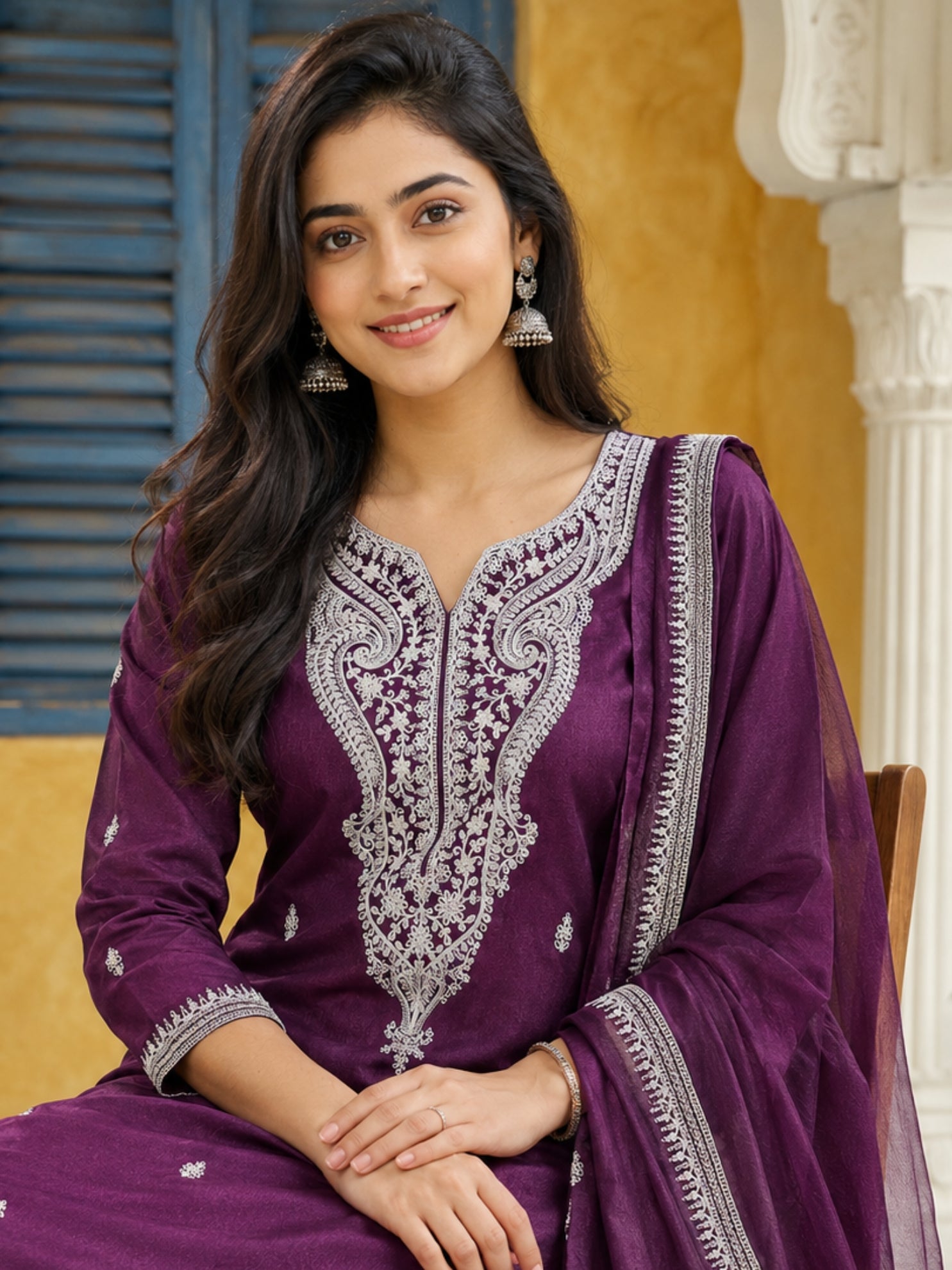 Graceful Wine Floral Embroidery Silk Blend Kurta set