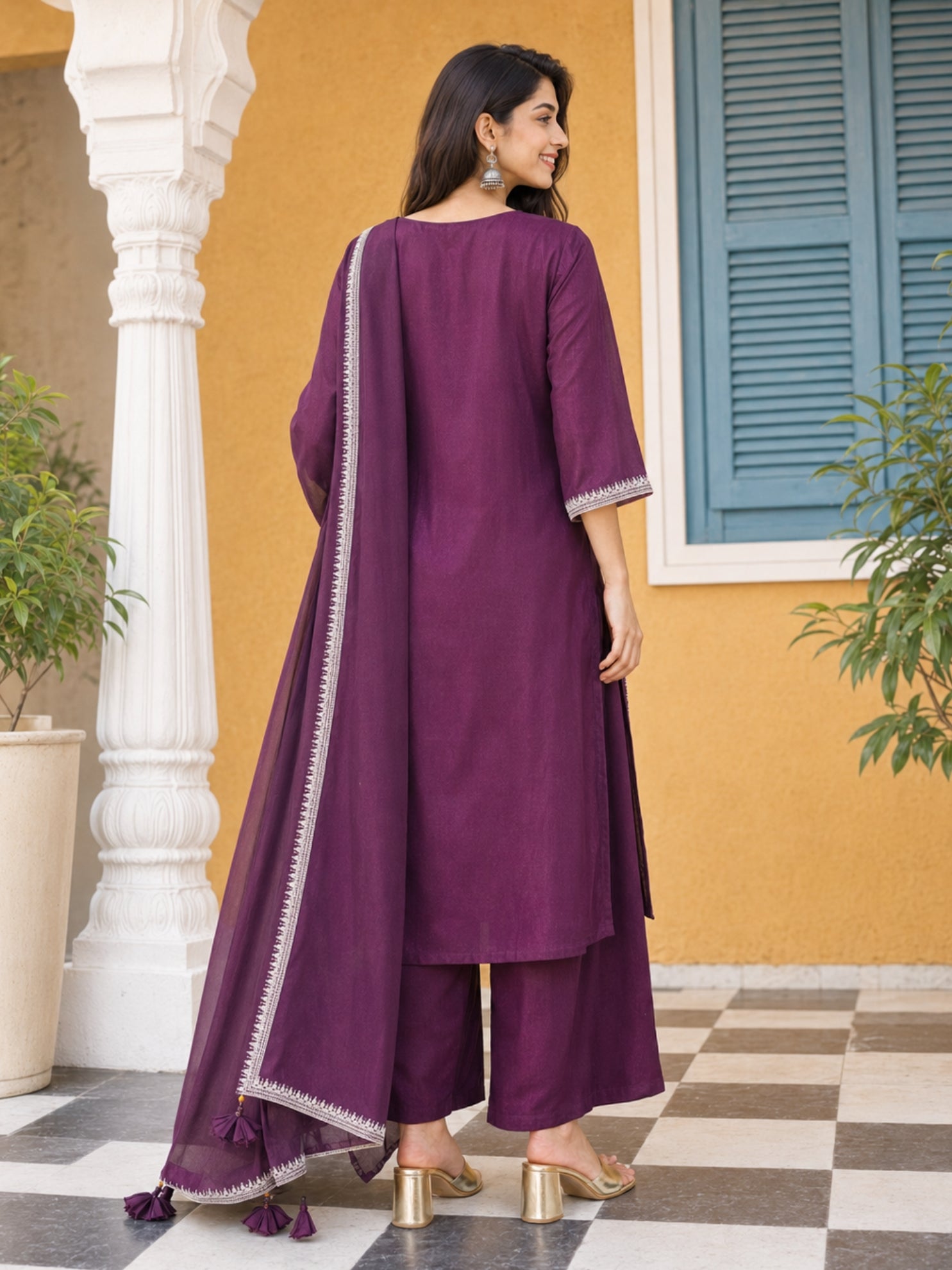 Graceful Wine Floral Embroidery Silk Blend Kurta set