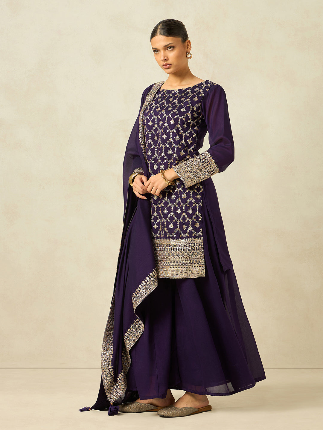 Women Purple Ethnic Motifs Zari Embroidered Kurta Set with Palazzo & Dupatta