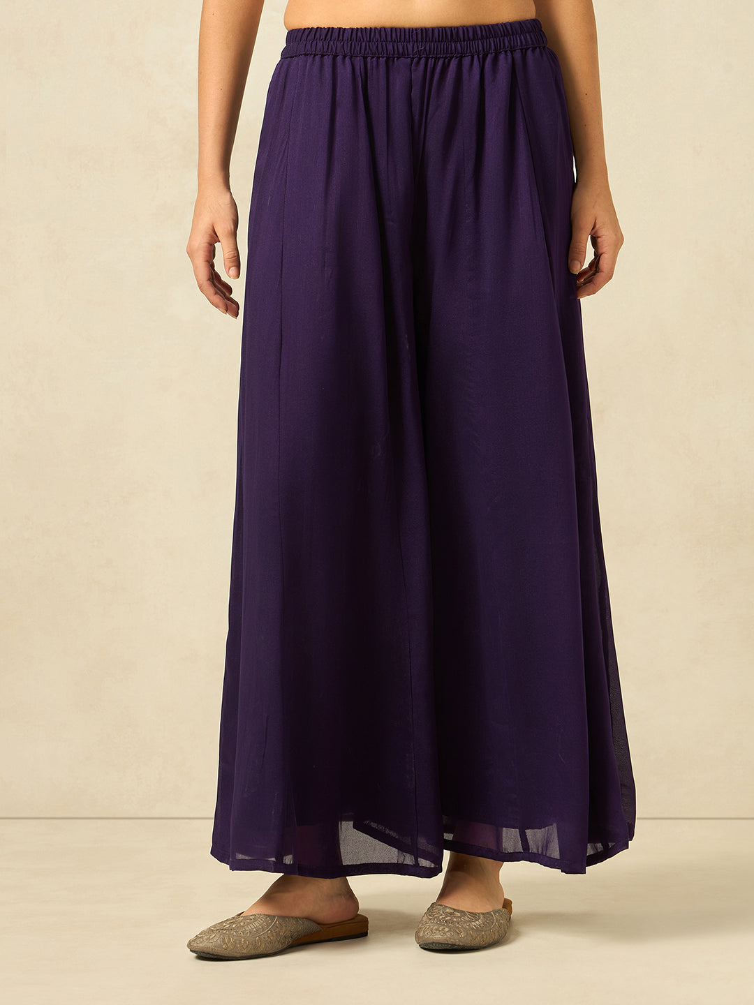Women Purple Ethnic Motifs Zari Embroidered Kurta Set with Palazzo & Dupatta