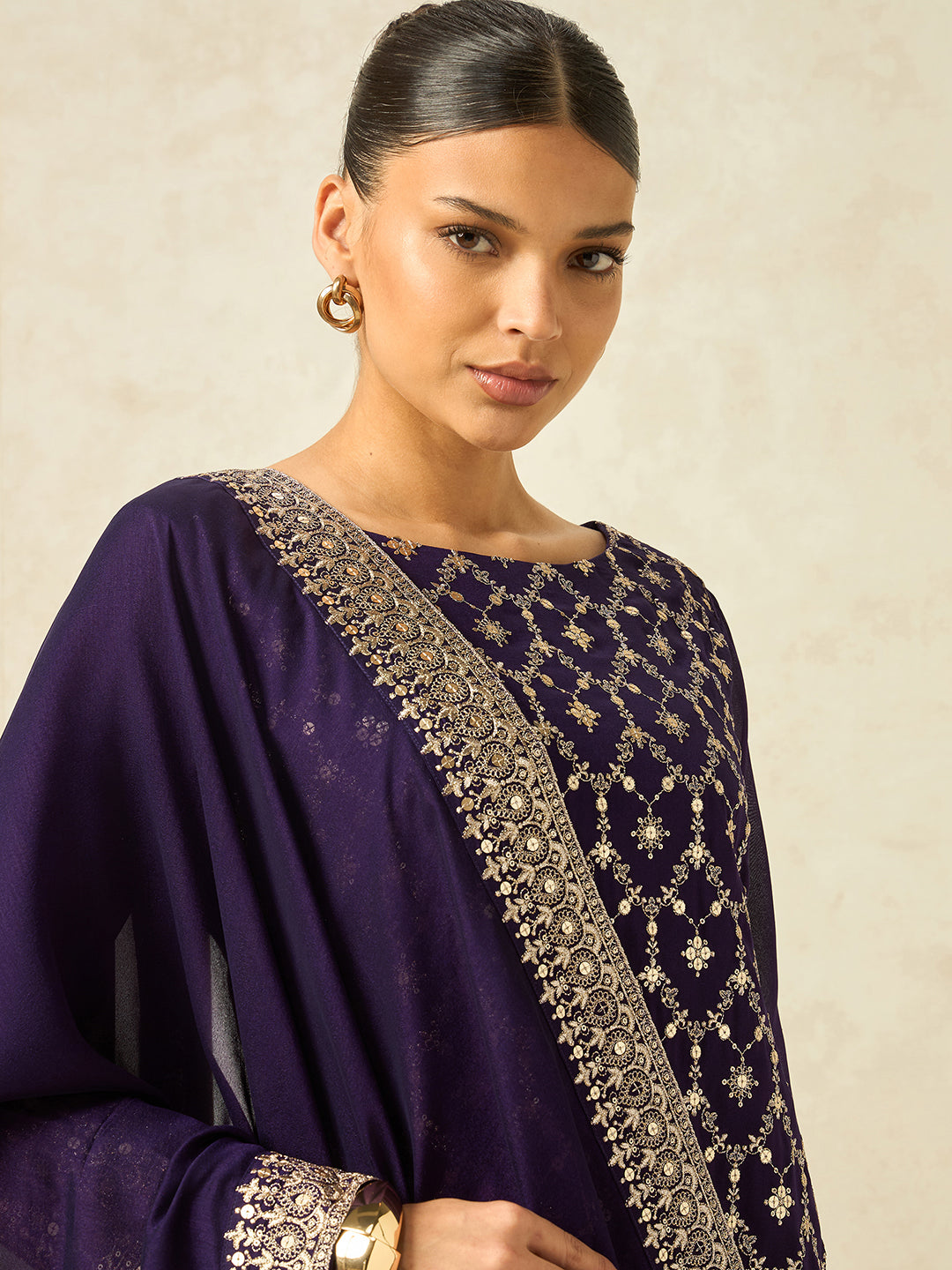 Women Purple Ethnic Motifs Zari Embroidered Kurta Set with Palazzo & Dupatta