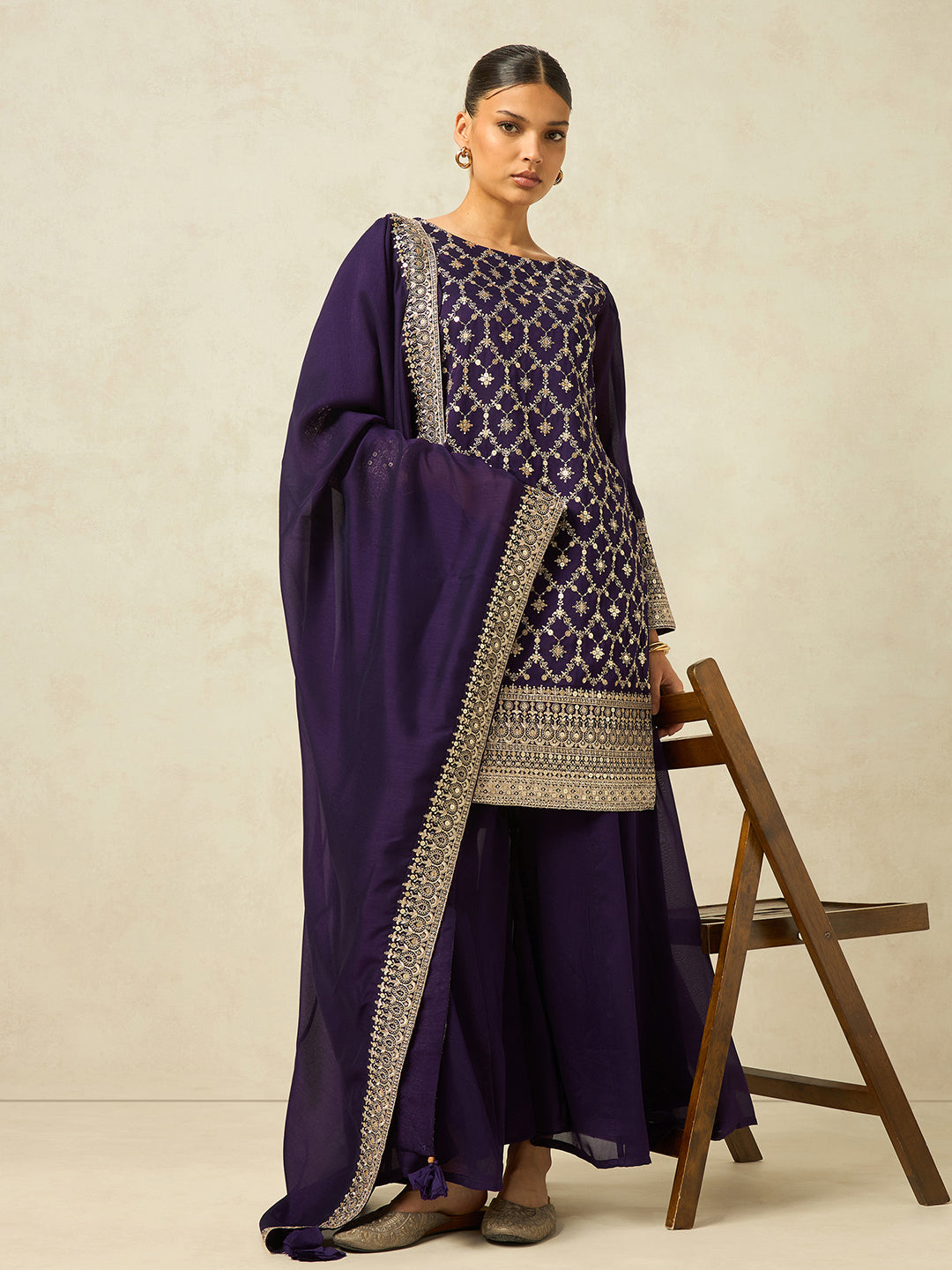 Women Purple Ethnic Motifs Zari Embroidered Kurta Set with Palazzo & Dupatta