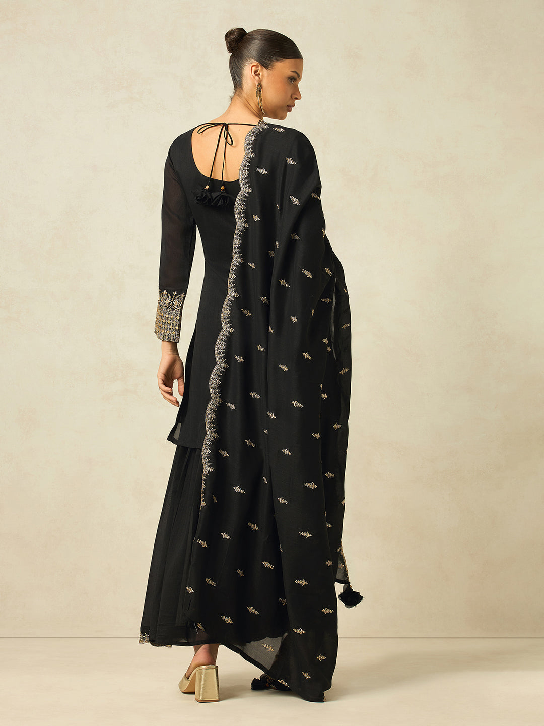 Women's Black Silk Blend Embroidered Sharara set with dupatta , Straight Kurta Sharara Set with Dupatta