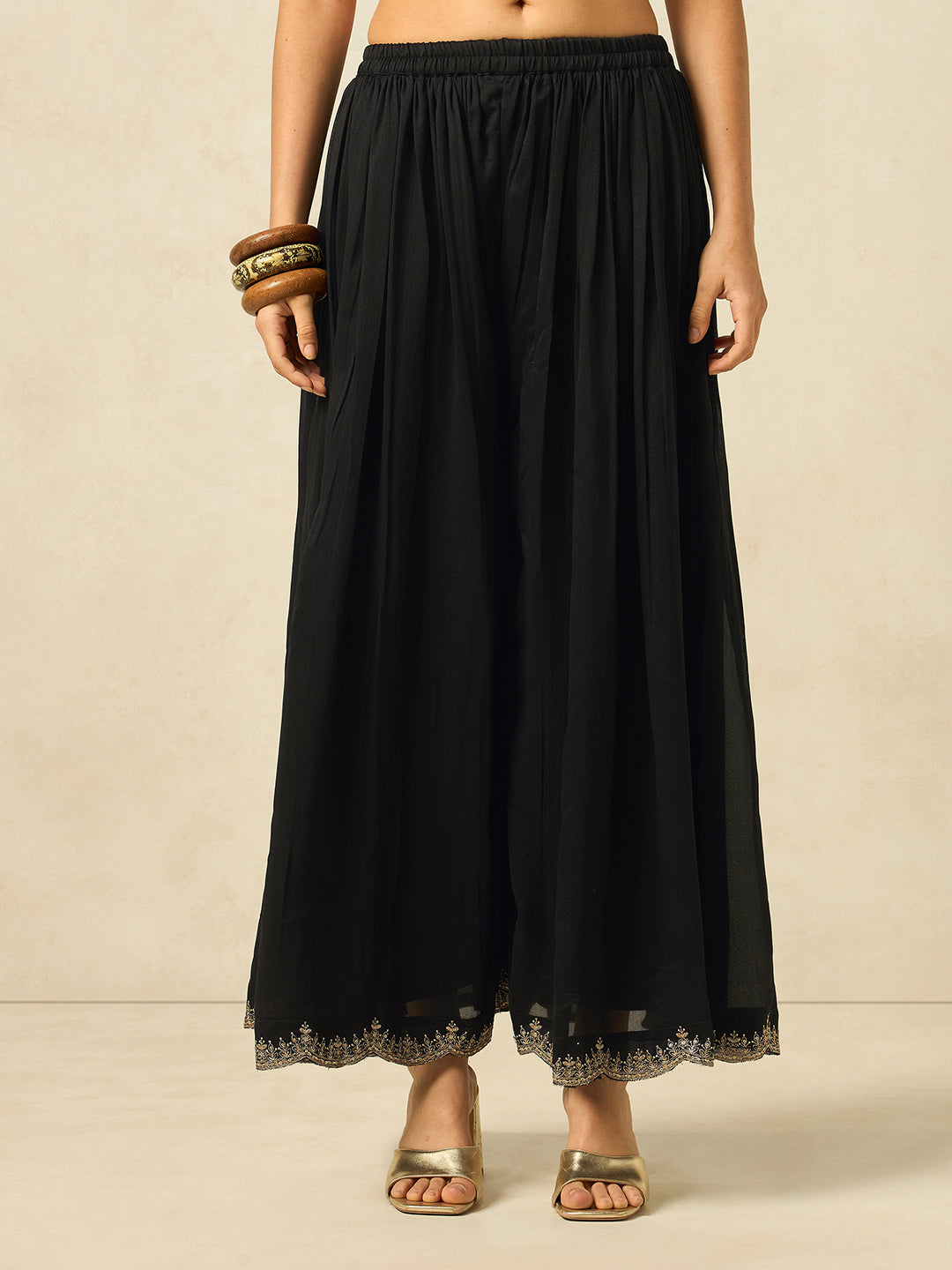 Women's Black Silk Blend Embroidered Sharara set with dupatta , Straight Kurta Sharara Set with Dupatta