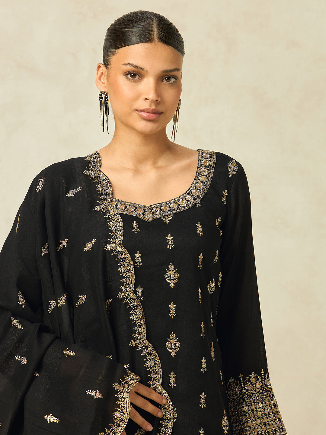 Women's Black Silk Blend Embroidered Sharara set with dupatta , Straight Kurta Sharara Set with Dupatta