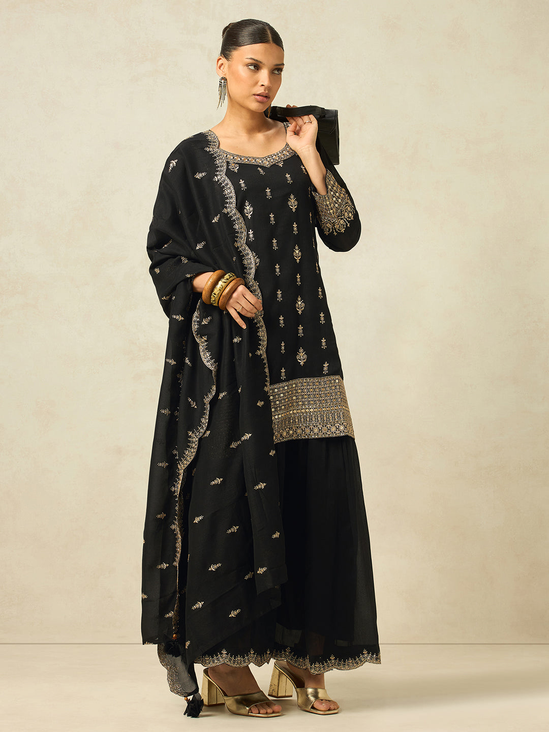 Women's Black Silk Blend Embroidered Sharara set with dupatta , Straight Kurta Sharara Set with Dupatta