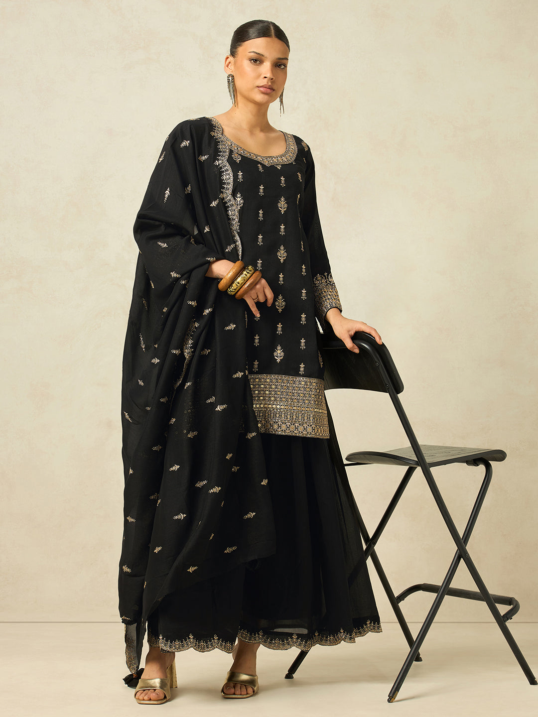 Women's Black Silk Blend Embroidered Sharara set with dupatta , Straight Kurta Sharara Set with Dupatta