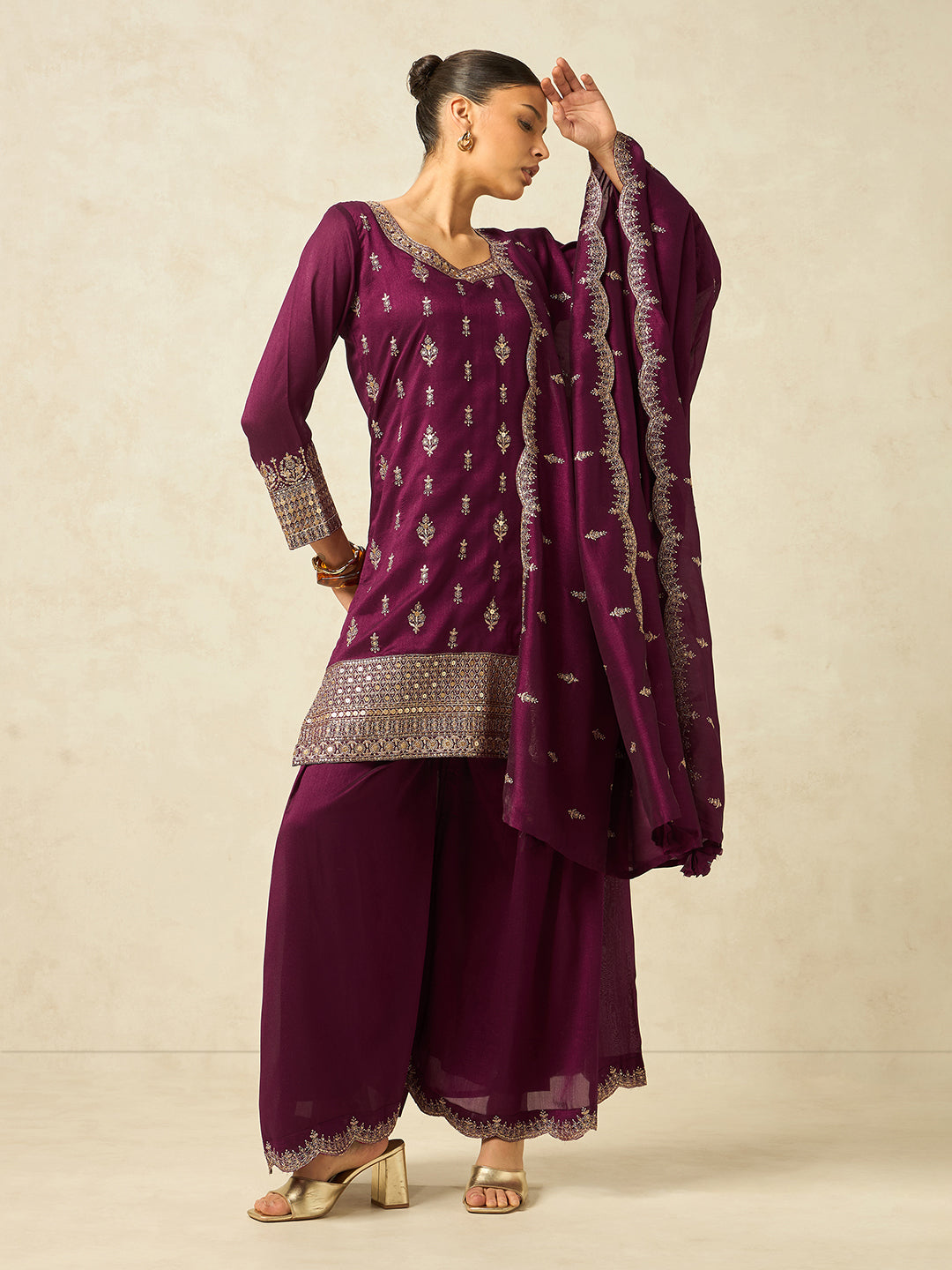 Women's Wine Silk Blend Embroidered Sharara set with dupatta , Straight Kurta Sharara Set with Dupatta