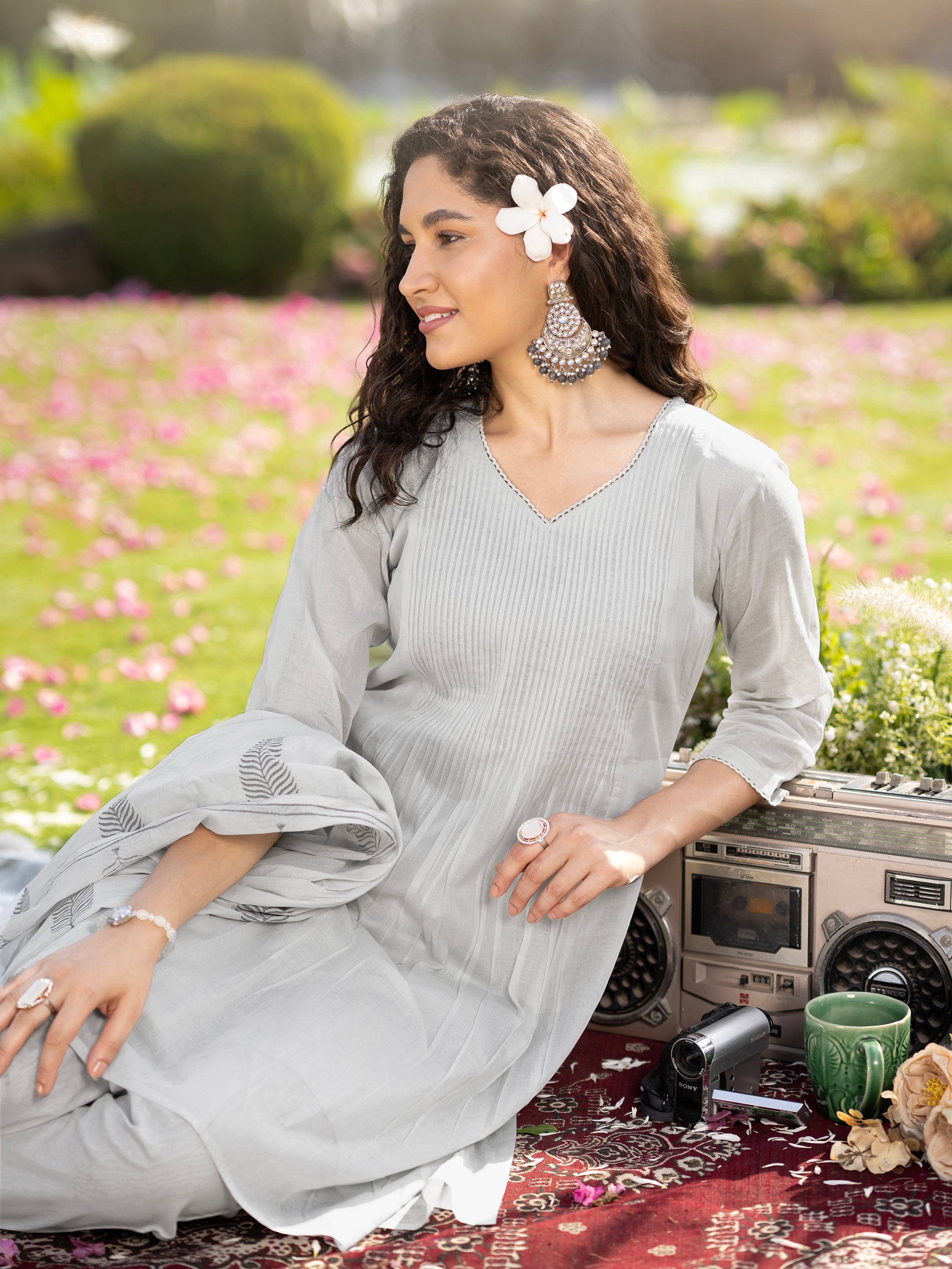 Grey Solid Pure Mul Cotton Kurta set with dupatta