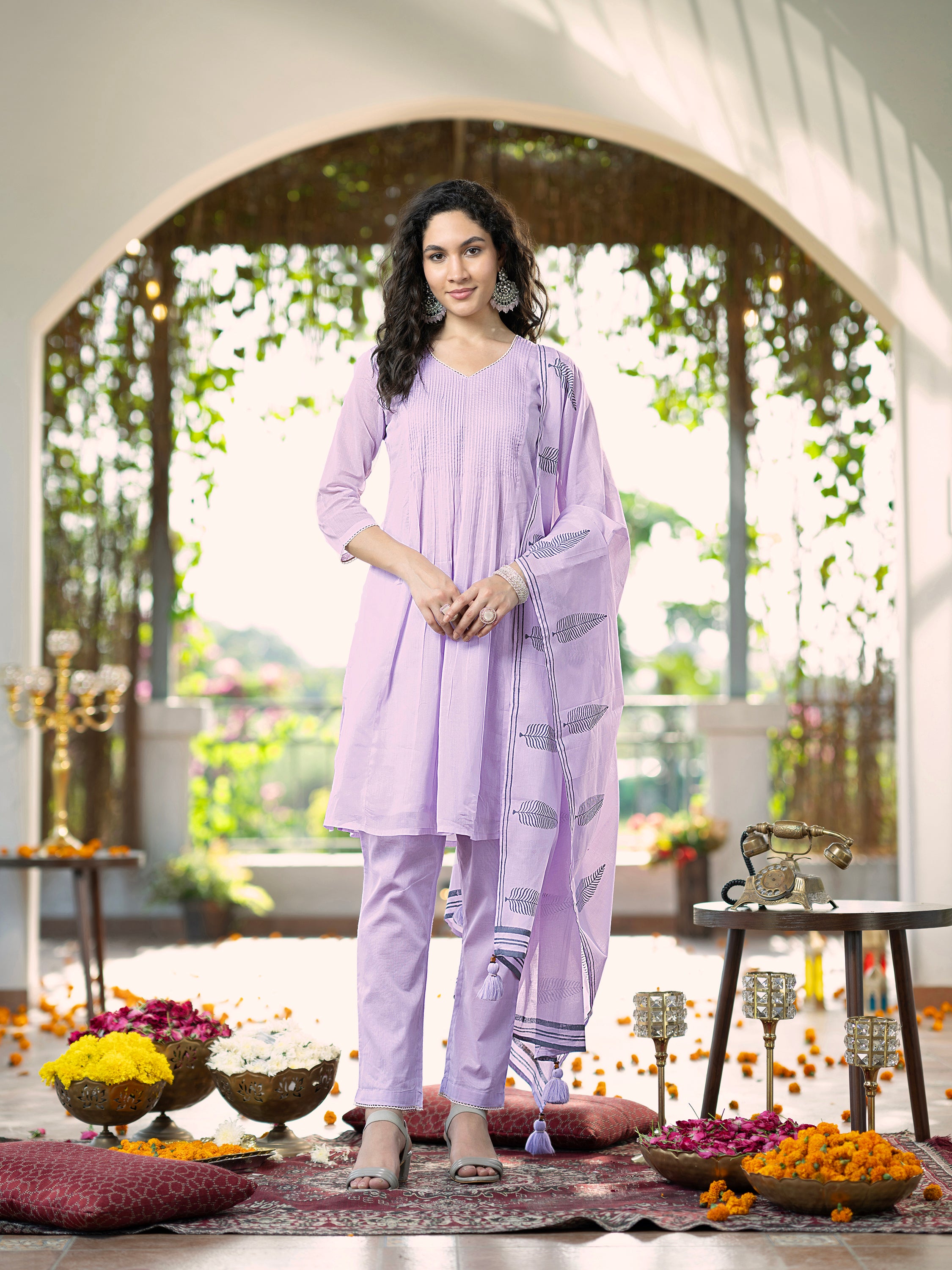 Lavender Solid Pure Mul Cotton Kurta set