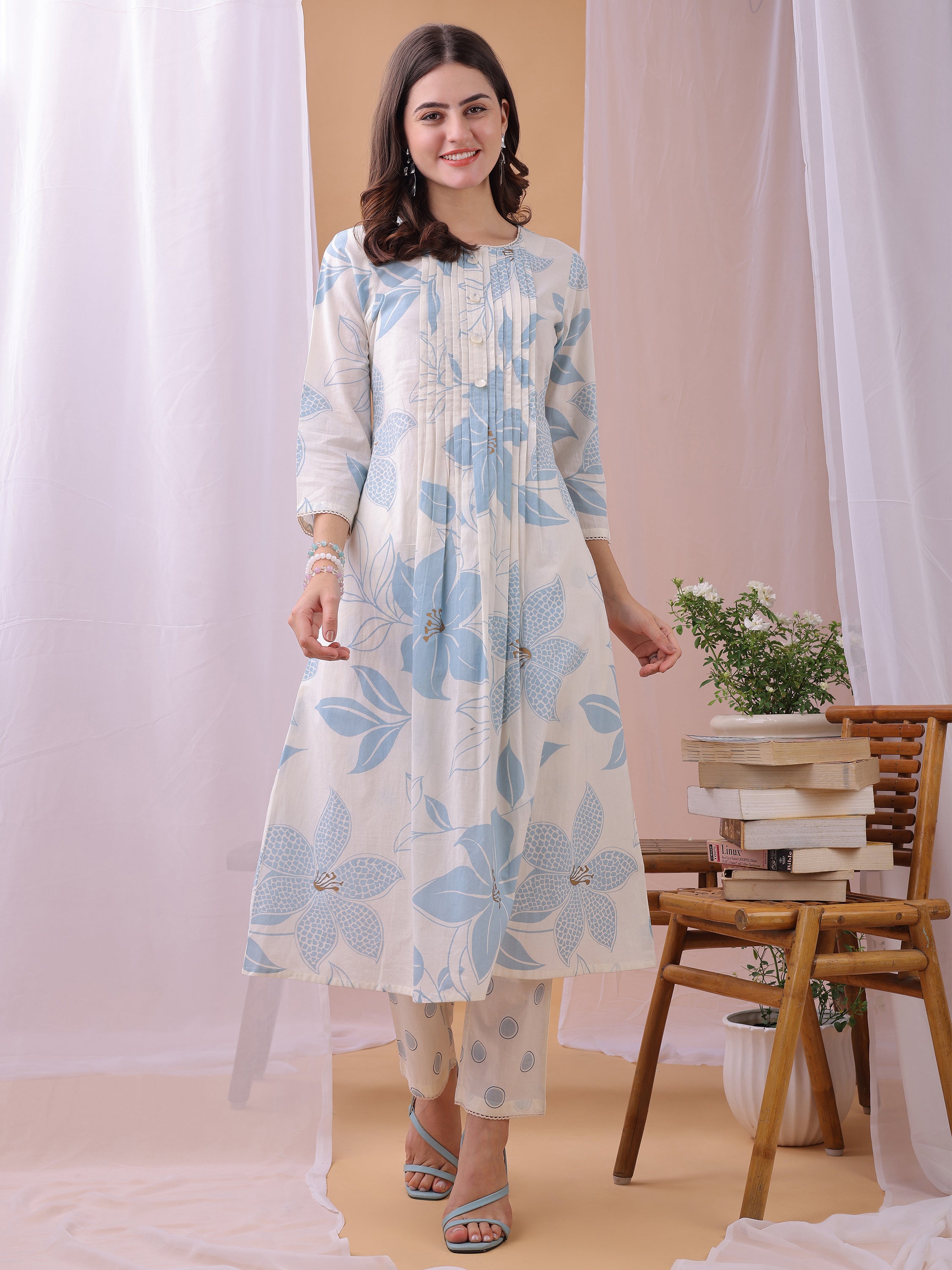 Blue Pure Cambric Cotton Printed Floral A-line Kurta with Pant