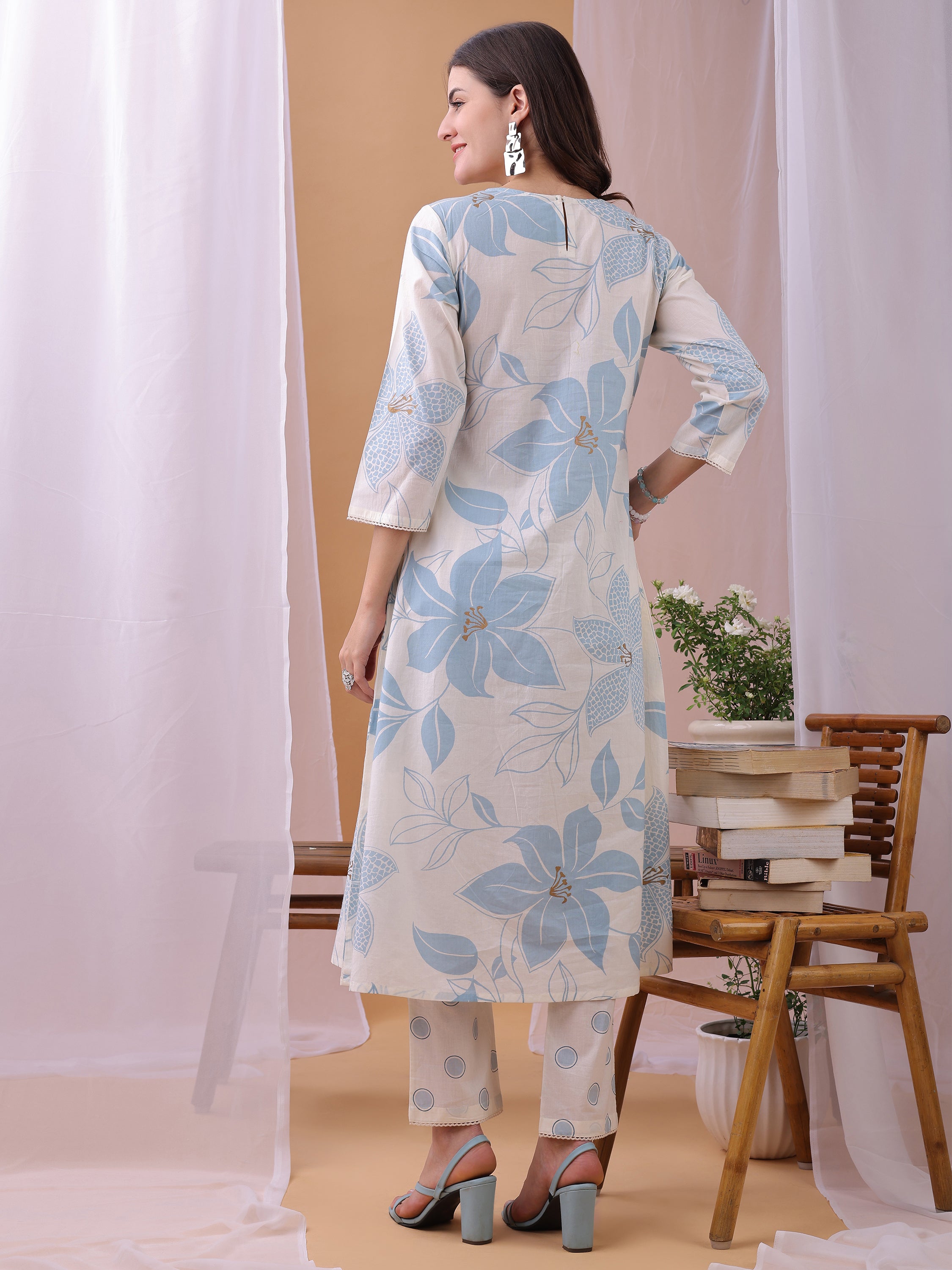 Blue Pure Cambric Cotton Printed Floral A-line Kurta with Pant
