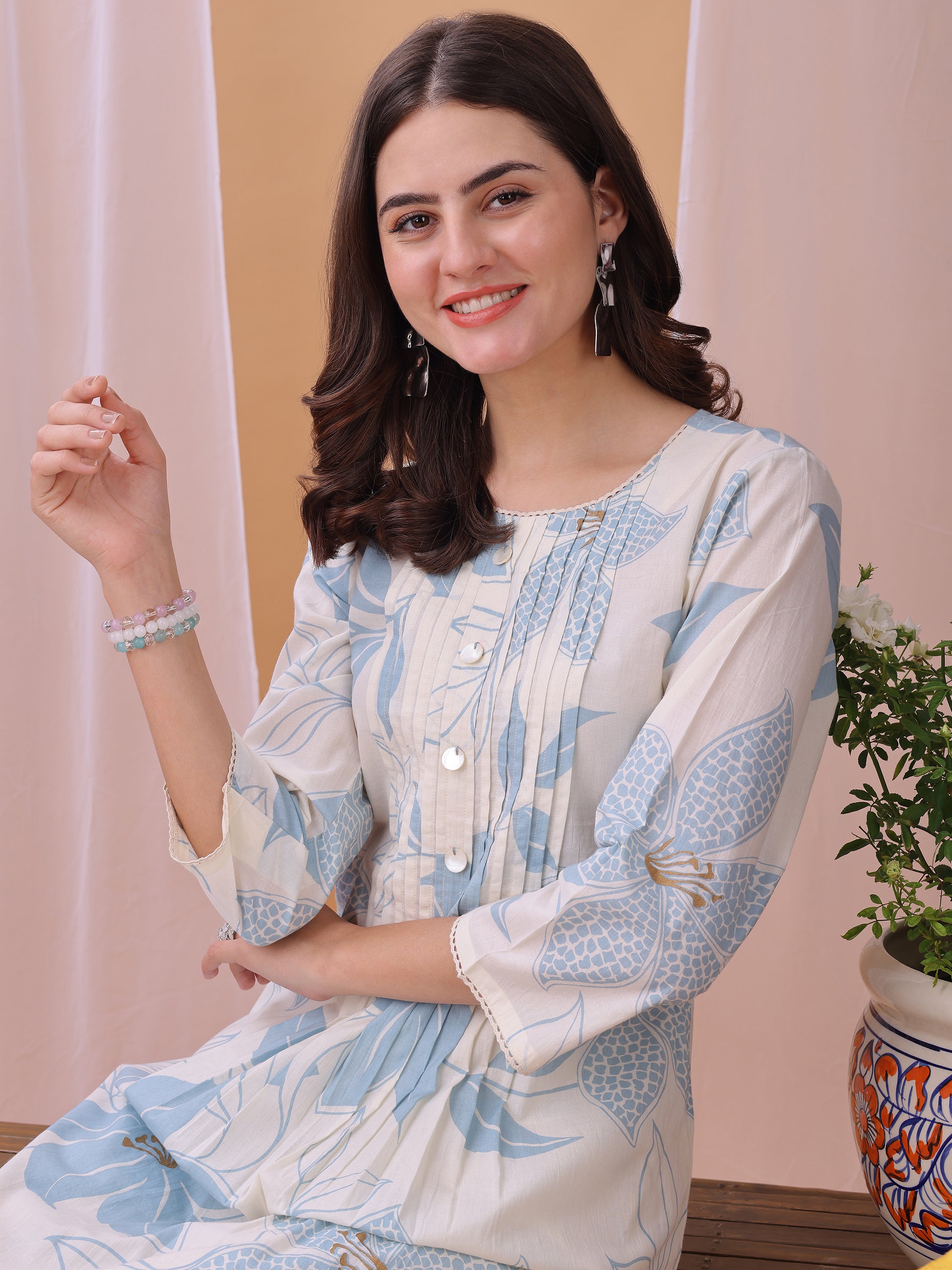 Blue Pure Cambric Cotton Printed Floral A-line Kurta with Pant